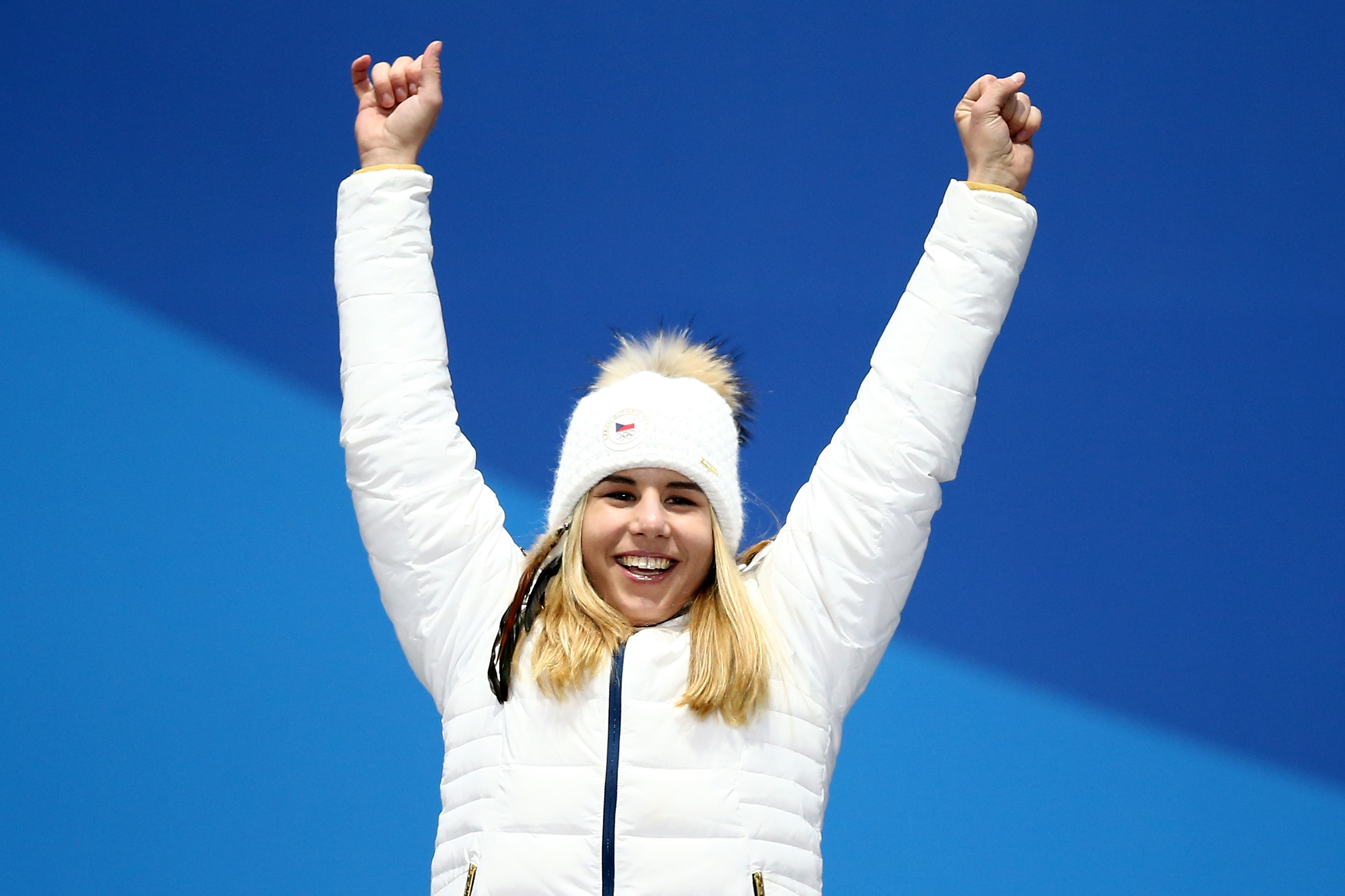 Gold medalist Ester Ledecka of Czech Republic celebrates during the medal ceremony for the Ladies' Alpine Skiing Super-G  on day eight of the PyeongChang 2018 Winter Olympic Games at Medal Plaza on February 17, 2018 in Pyeongchang-gun, South Korea. (Dan Istitene&mdash;Getty Images)