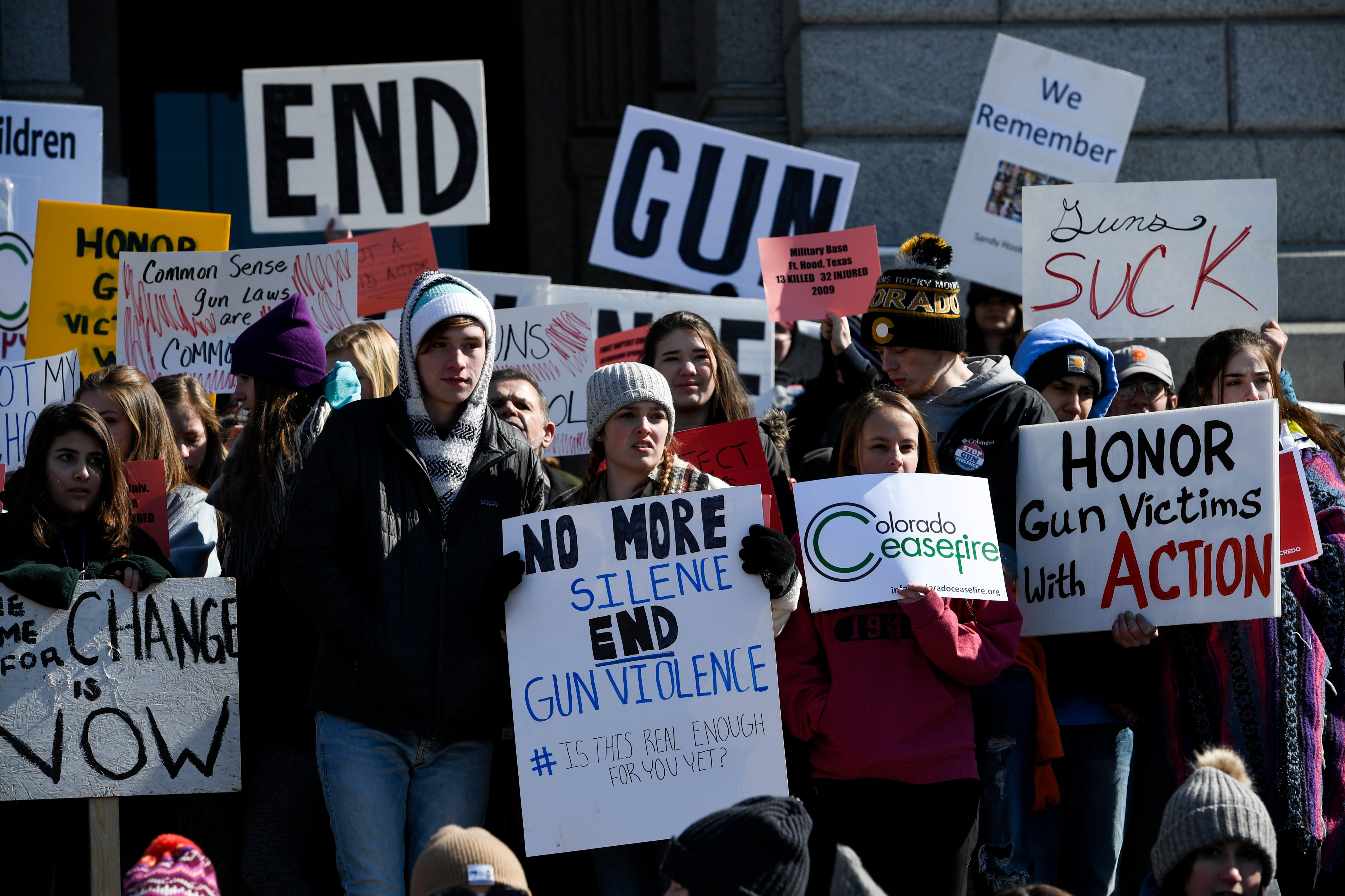 Students, teachers and community members protest gun violence at the Colorado State Capitol on, Feb. 21, 2018. (Aaron Ontiveroz—Denver Post/Getty Images)