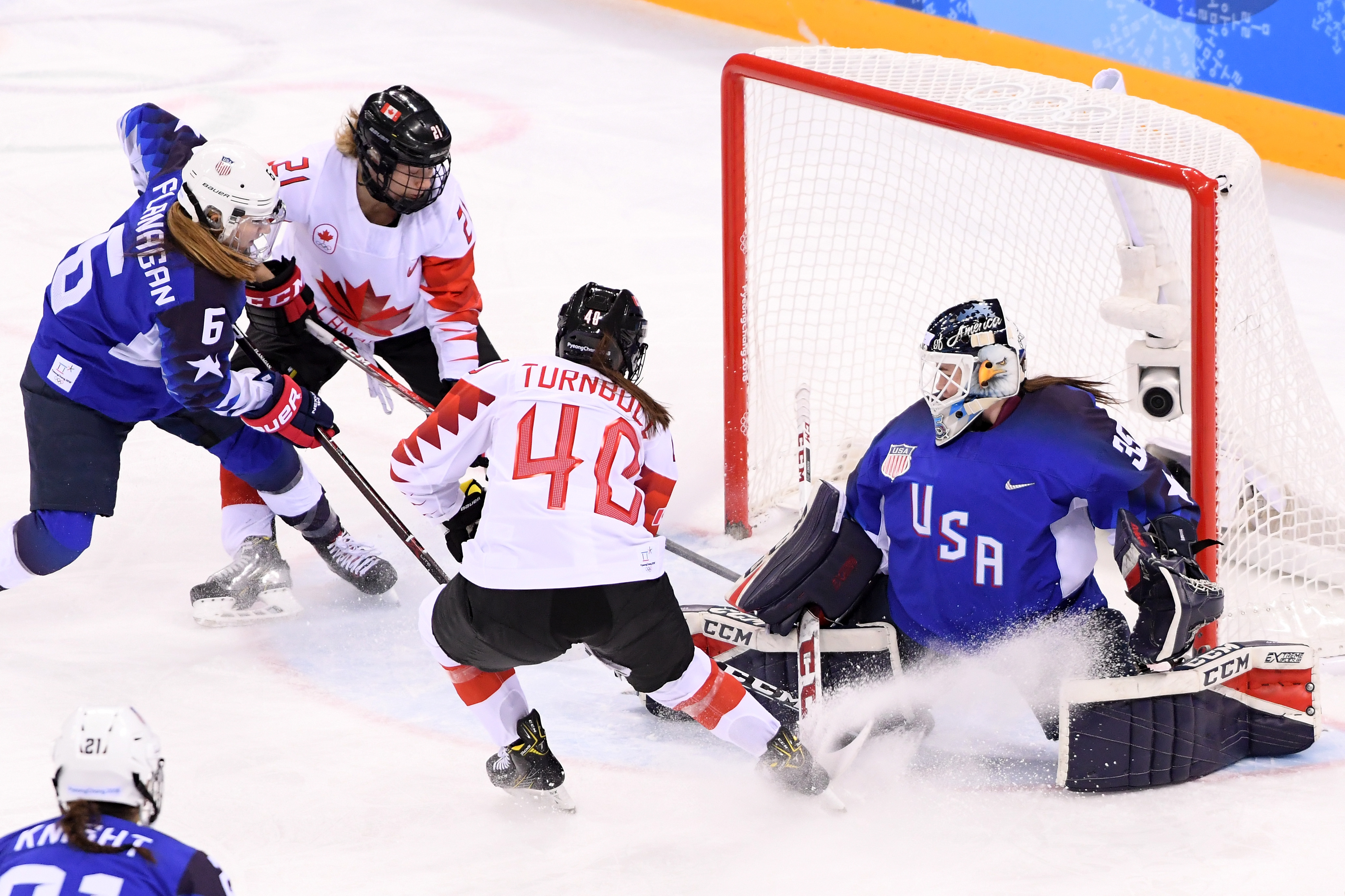 Madeline Rooney #35 of the United States tends goal against Blayre Turnbull #40 and Haley Irwin #21 of Canada in the first period during the Women's Gold Medal Game on day thirteen of the PyeongChang 2018 Winter Olympic Games at Gangneung Hockey Centre on February 22, 2018 in Gangneung, South Korea. (Harry How—Getty Images)