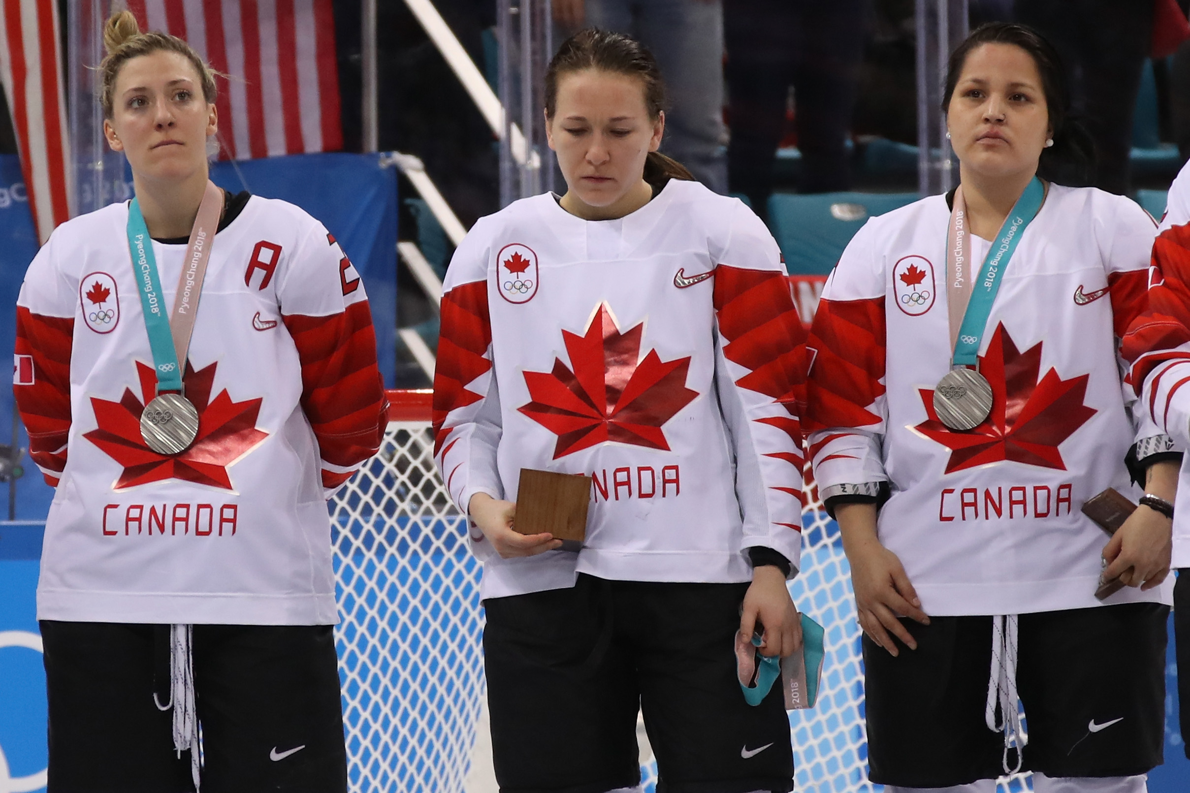 Jocelyne Larocque #3 of Canada refuses to wear her silver medal after losing to the United States in the Women's Gold Medal Game on day thirteen of the PyeongChang 2018 Winter Olympic Games at Gangneung Hockey Centre on February 22, 2018 in Gangneung, South Korea.  (Photo by Bruce Bennett/Getty Images) (Bruce Bennett&mdash;Getty Images)