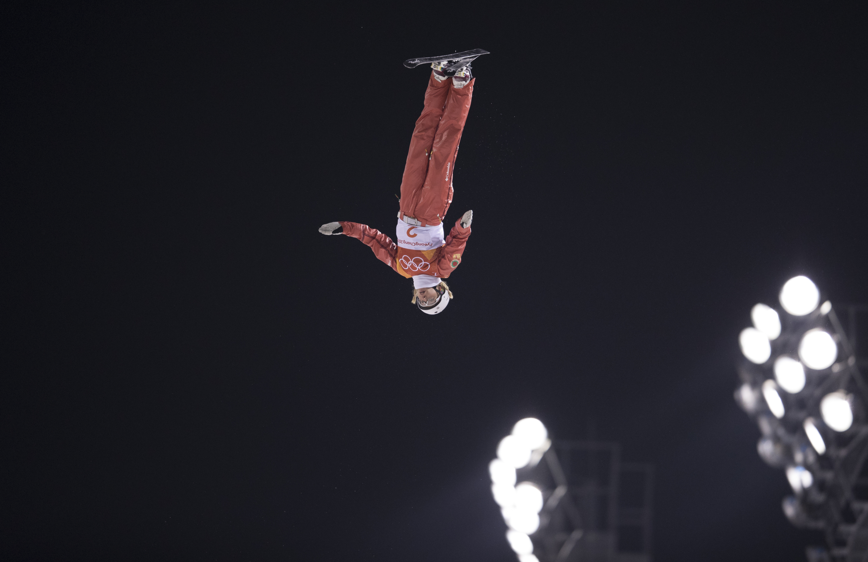 Hanna Huskova of Belarus competes during the Freestyle Skiing Ladies' Aerials Final on day seven of the PyeongChang 2018 Winter Olympic Games at Phoenix Snow Park on February 16, 2018 in Pyeongchang-gun, South Korea. (XIN LI—Getty Images)
