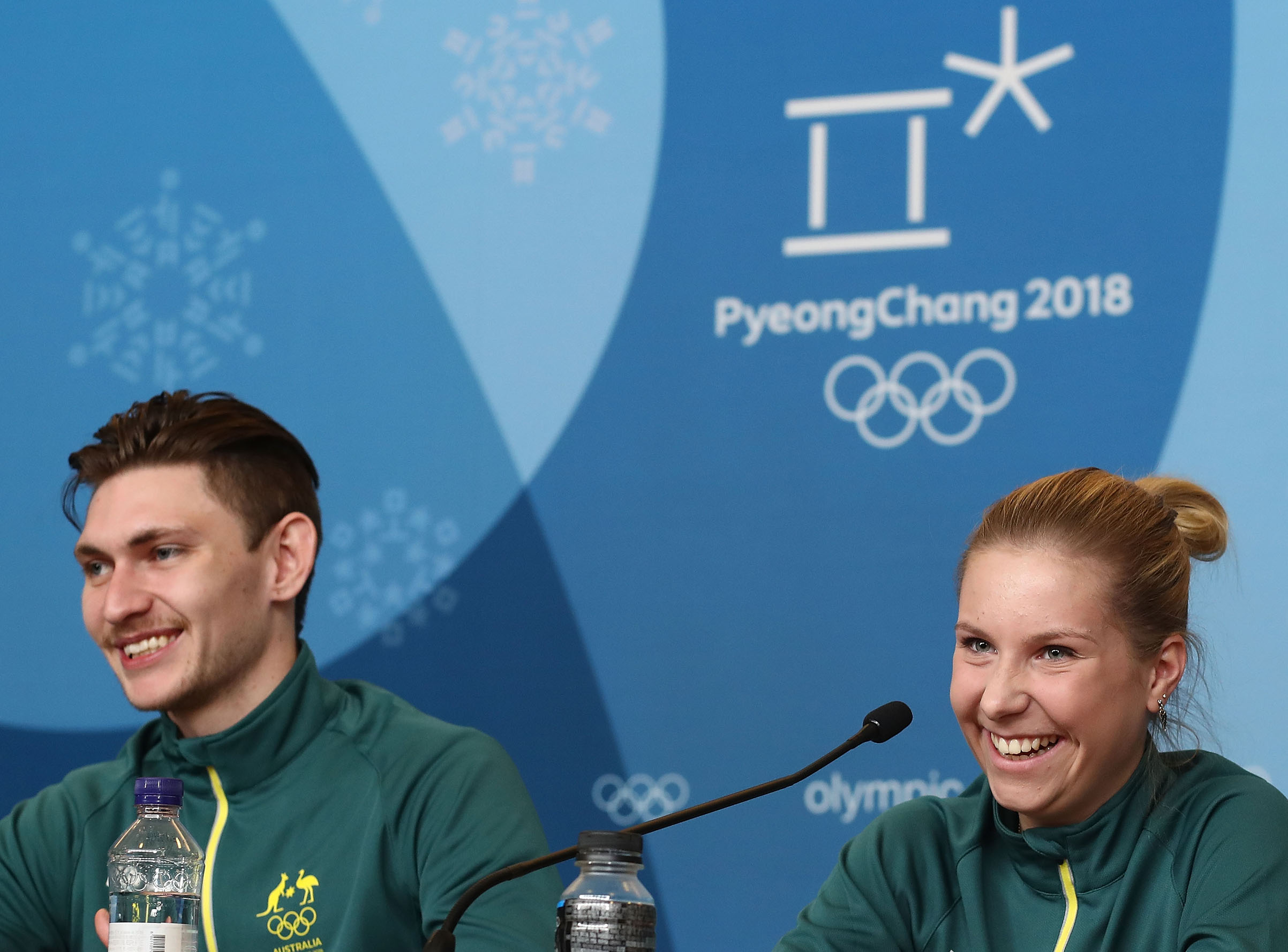 Australian Figure Skaters Harley Windsor and Ekaterina Alexandrovskaya speak during a press conference ahead of the PyeongChang 2018 Winter Olympic Games at Alpensia Ski Resort in Pyeongchang-gun, South Korea, on Feb. 8, 2018. (Ryan Pierse—Getty Images)