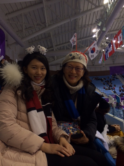 Alice Park — TIME Yeonju Lee and her mother Soonyeon Jang at the pairs short program competition in Gangneung Ice Arena on Feb. 14, 2018. (Alice Park)