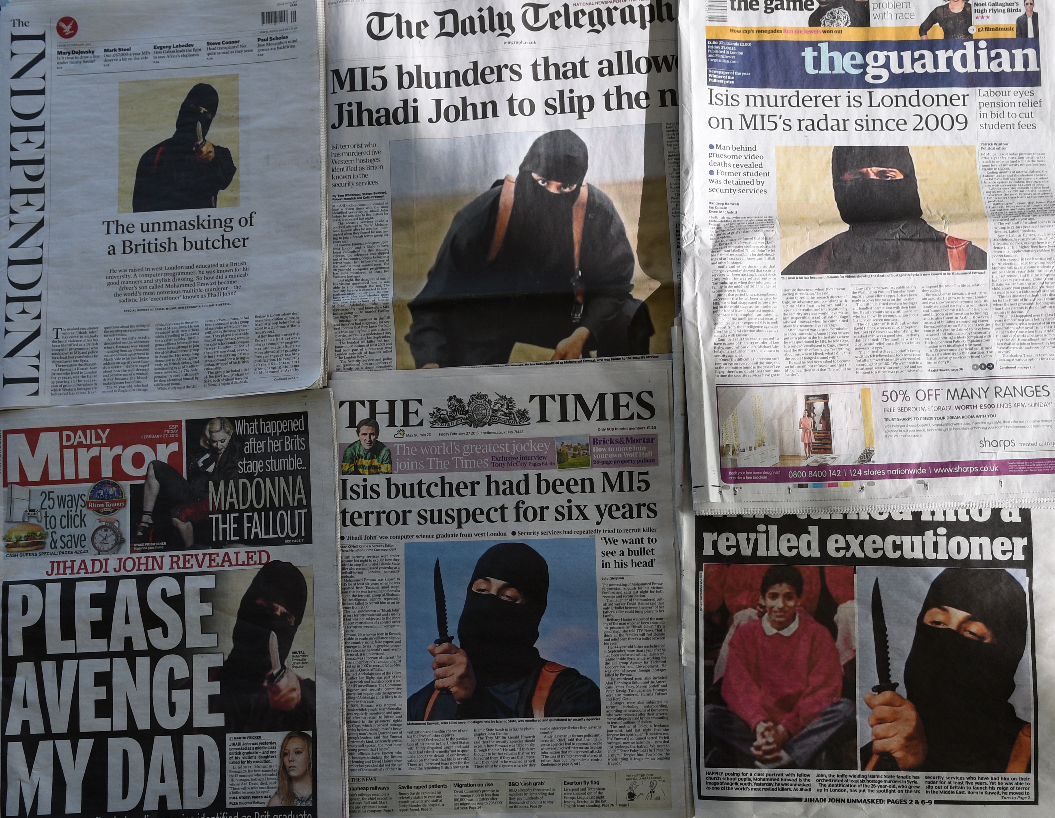 An arrangement of British daily newspapers photographed in London on February 27, 2015 shows the front-page headlines and stories regarding the identification of the masked Islamic State group militant dubbed "Jihadi John". (Daniel Sorabji—AFP/Getty Images)
