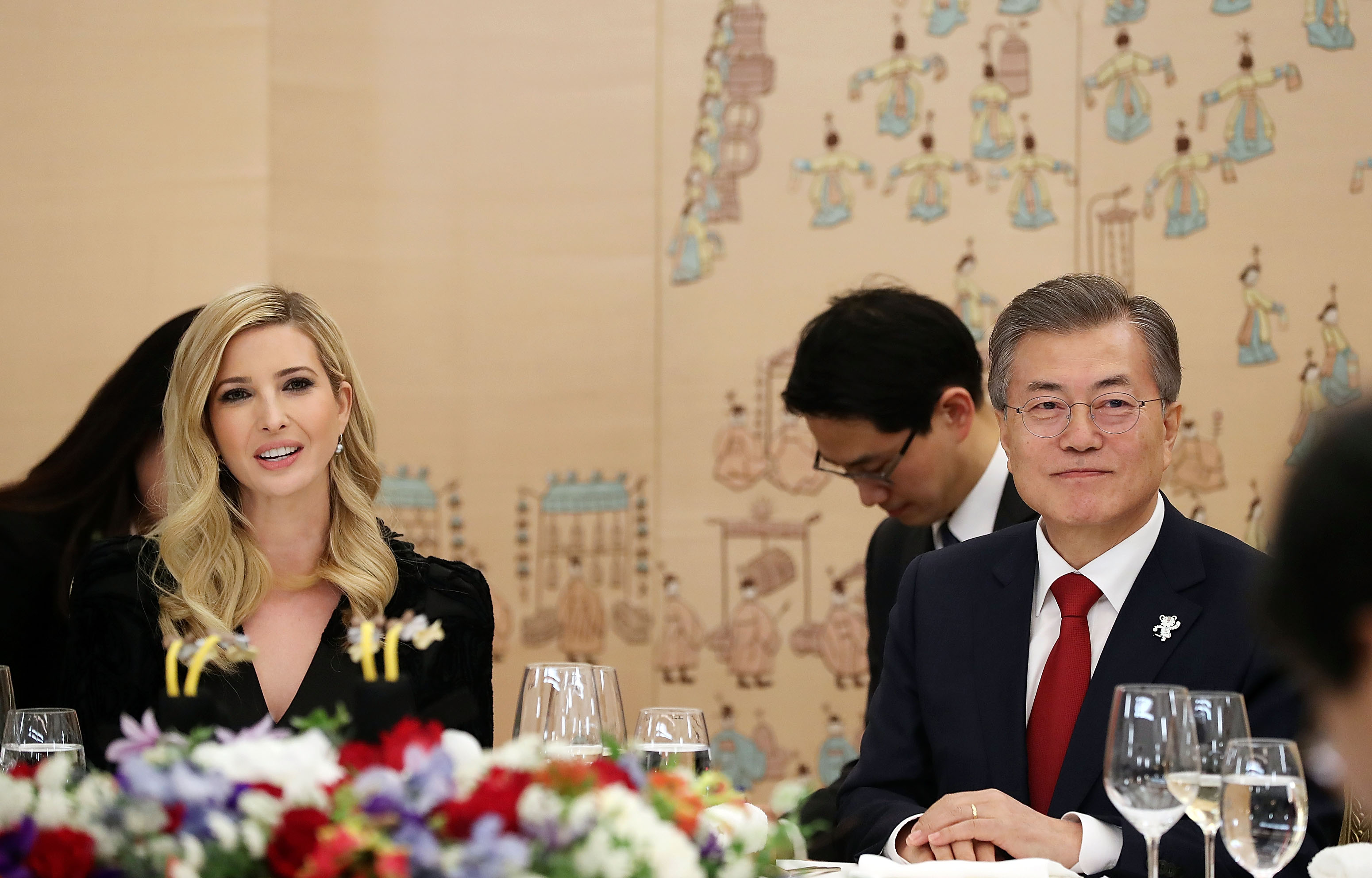 In this handout image provided by the South Korean Presidential Blue House, South Korean President Moon Jae-In (R) talks with Ivanka Trump (L) during their dinner at the Presidential Blue House on February 23, 2018 in Seoul, South Korea (Handout - Getty Images)