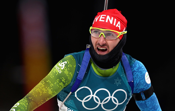 Jakov Fak of Slovenia reacts at the finish of the Men's 20km Individual Biathlon during the 2018 Winter Olympics on February 15, 2018. (Lars Baron—Getty Images:)
