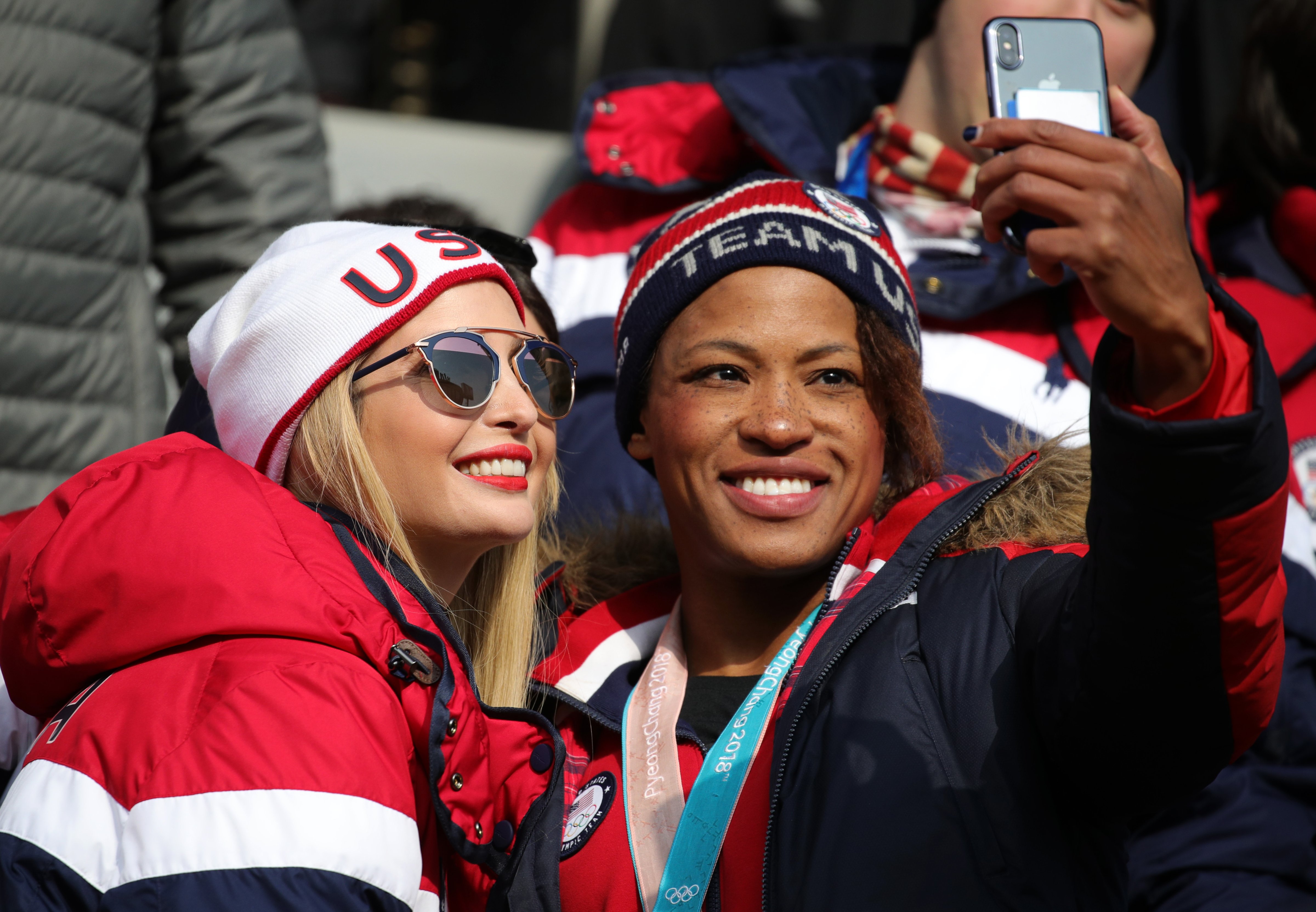 Ivanka Trump poses for a selfie with Lauren Gibbs as they attend the 4-man Boblseigh on day sixteen of the PyeongChang 2018 Winter Olympic Games at Olympic Sliding Centre on February 25, 2018 in Pyeongchang-gun, South Korea. (Andreas Rentz&mdash;Getty Images)