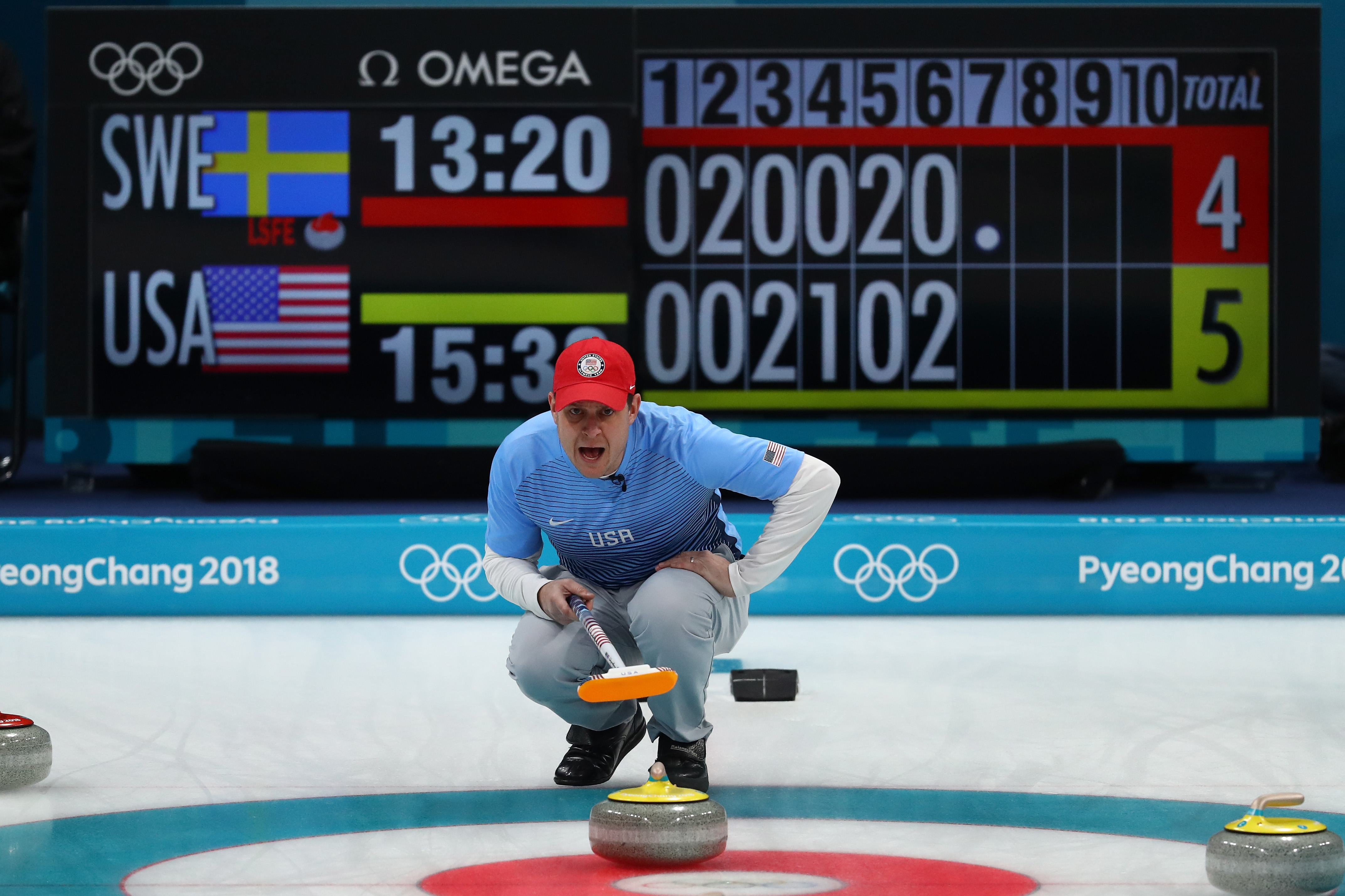 John Shuster of the United States lines up a shot against Sweden during the Curling Men's Gold Medal game on day fifteen of the PyeongChang 2018 Winter Olympic Games at Gangneung Curling Centre on February 24, 2018 in Gangneung, South Korea (Dean Mouhtaropoulos - Getty Images)