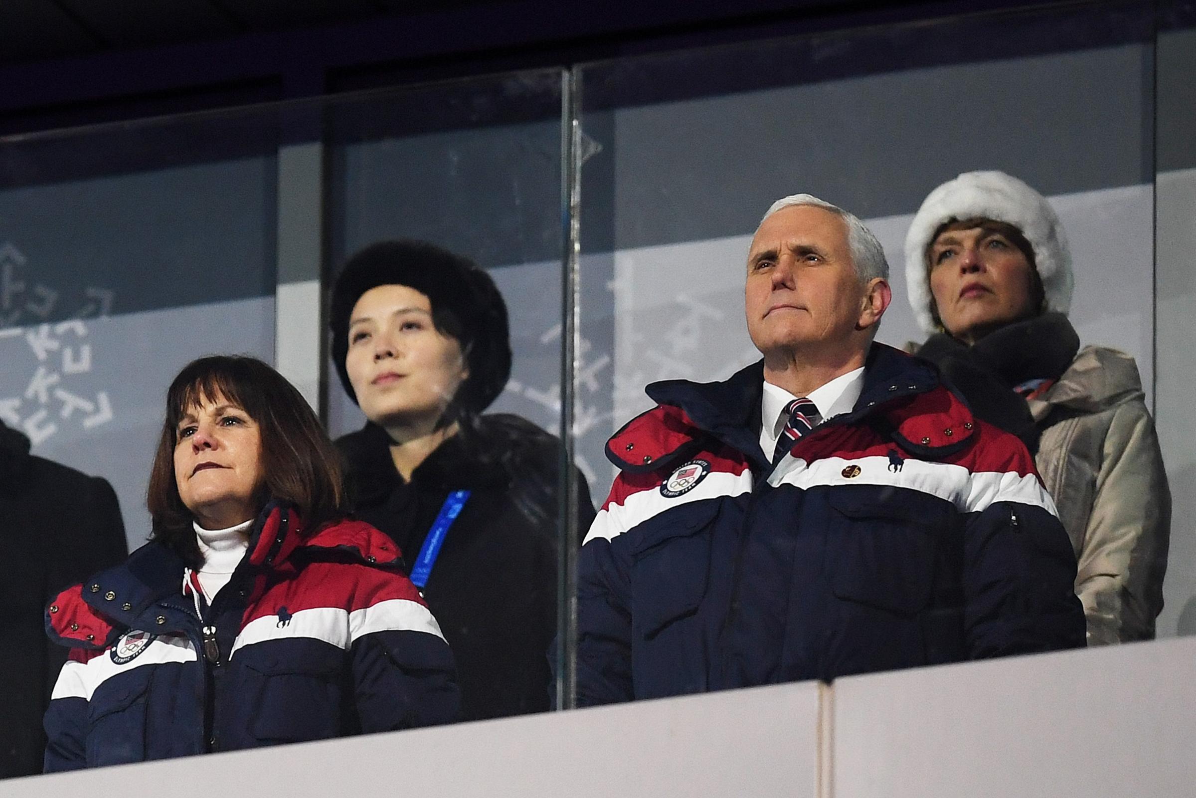 Vice President Mike Pence and his wife Karen watch on during the Opening Ceremony of the PyeongChang 2018 Winter Olympic Games. Behind pence sits Kim Yo-jong (back left), the sister of North Korean leader Kim Jong-Un, at PyeongChang Olympic Stadium in South Korea on Feb. 9, 2018.