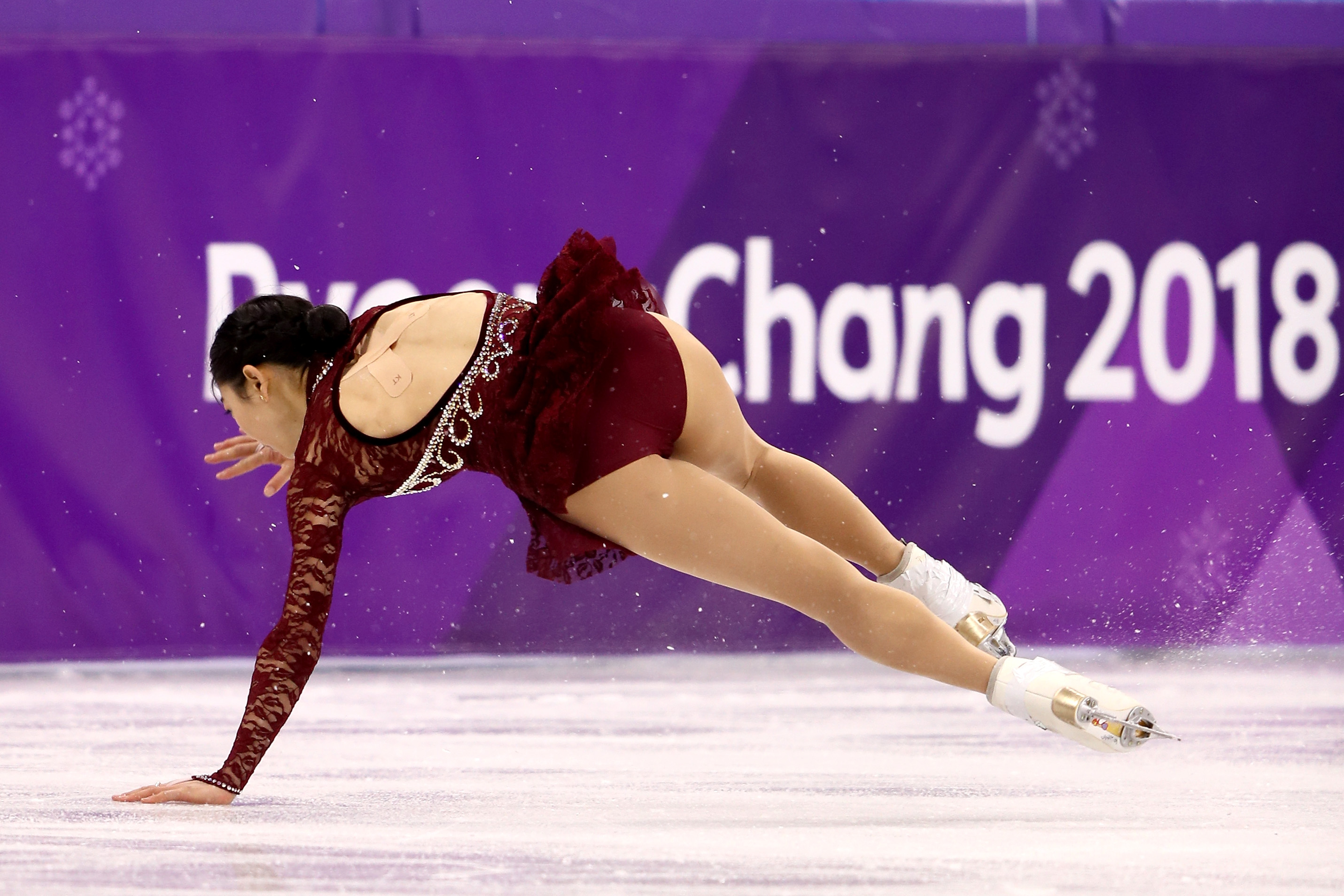 Mirai Nagasu of the United States falls while competing during the Ladies Single Skating Short Program on day twelve of the PyeongChang 2018 Winter Olympic Games at Gangneung Ice Arena on February 21, 2018 in Gangneung, South Korea (Jamie Squire - Getty Images)