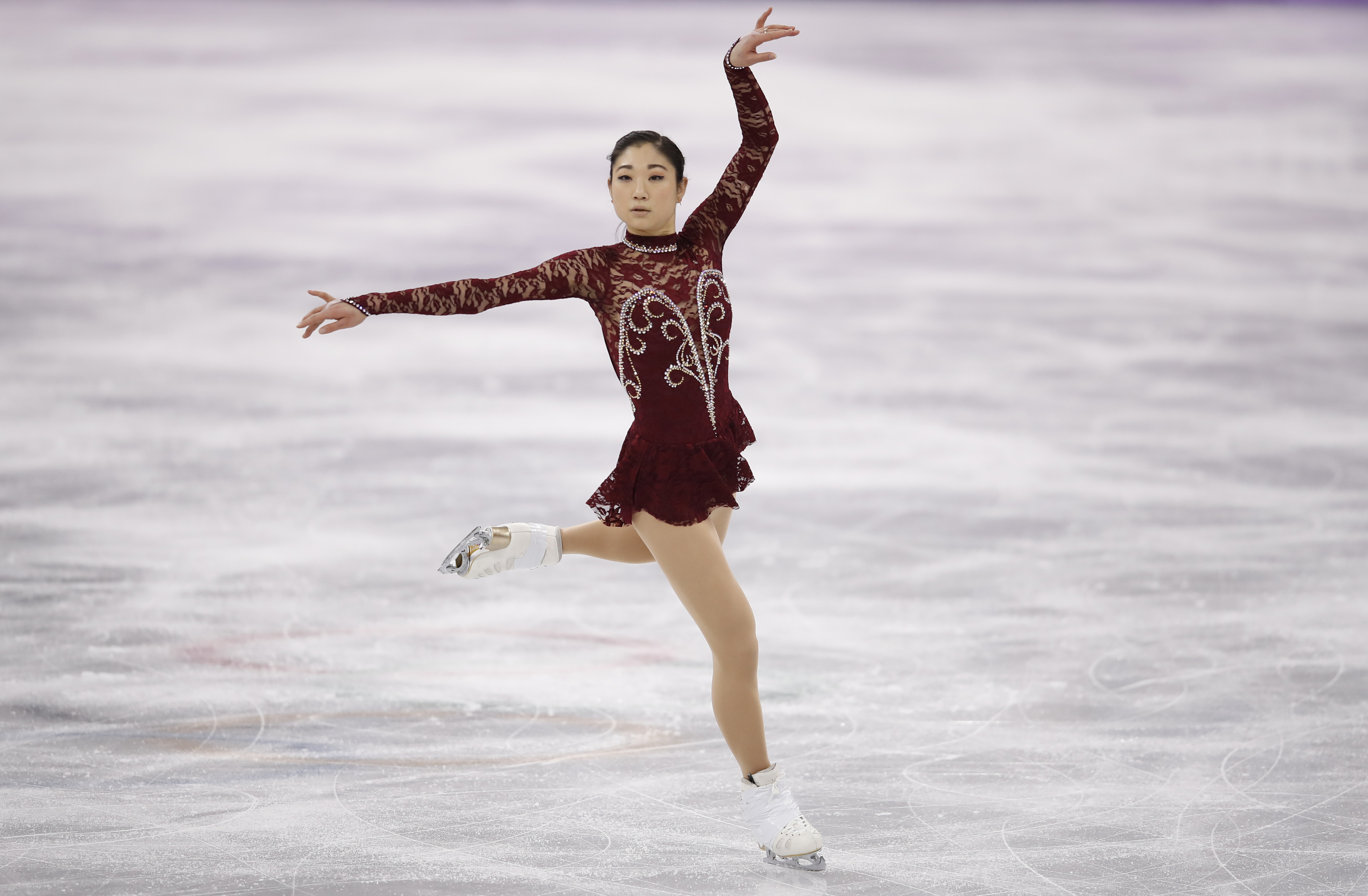 Mirai Nagasu of the United States falls while competing during the Ladies Single Skating Short Program on day twelve of the PyeongChang 2018 Winter Olympic Games at Gangneung Ice Arena on February 21, 2018 in Gangneung, South Korea. (XIN LI—Getty Images)