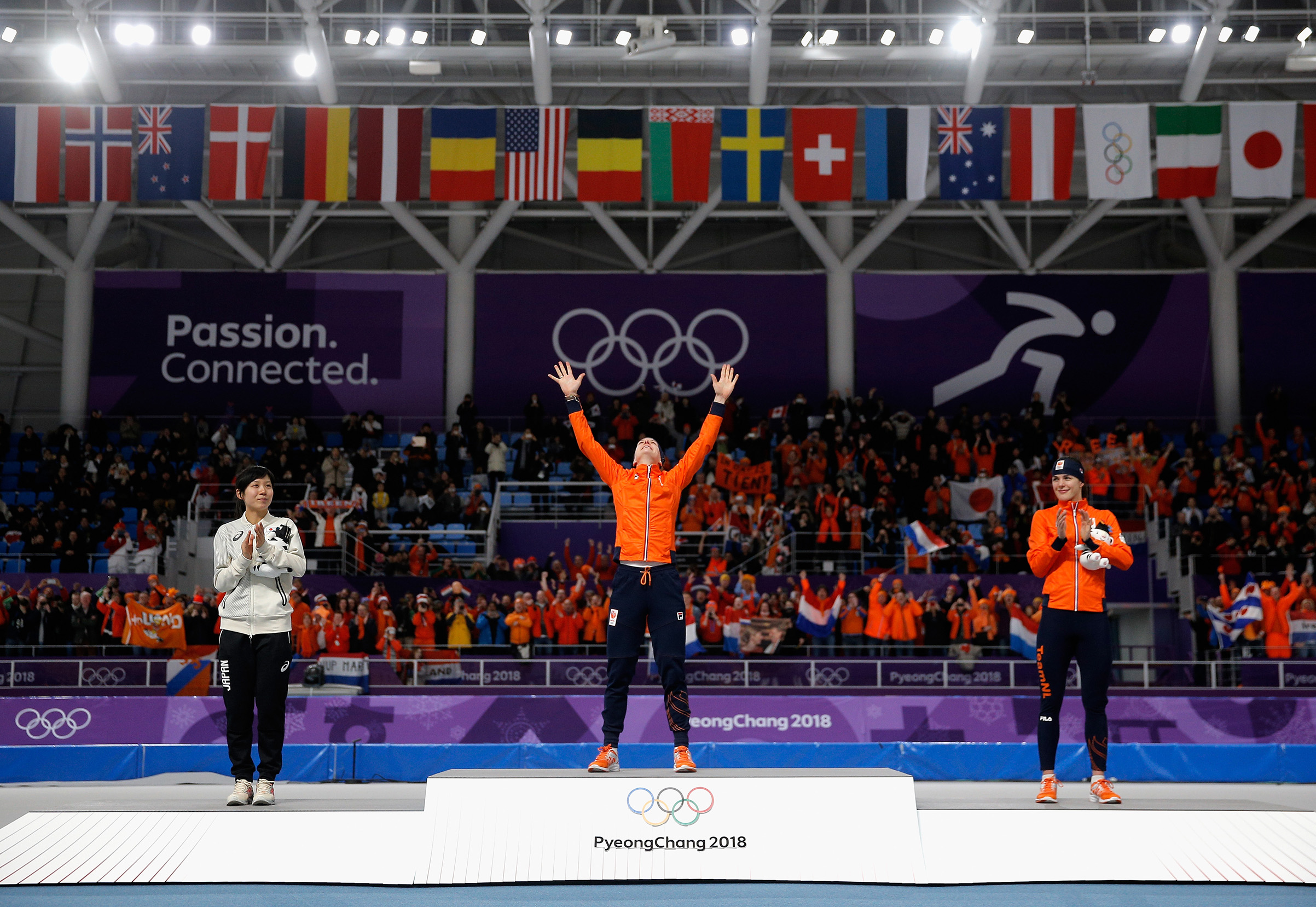 Gold medal winner Ireen Wust of The Netherlands reacts during the victory ceremony after winning the Ladies 1,500m Long Track Speed Skating final on Feb. 12, 2018. (Dean Mouhtaropoulos—Getty Images:)