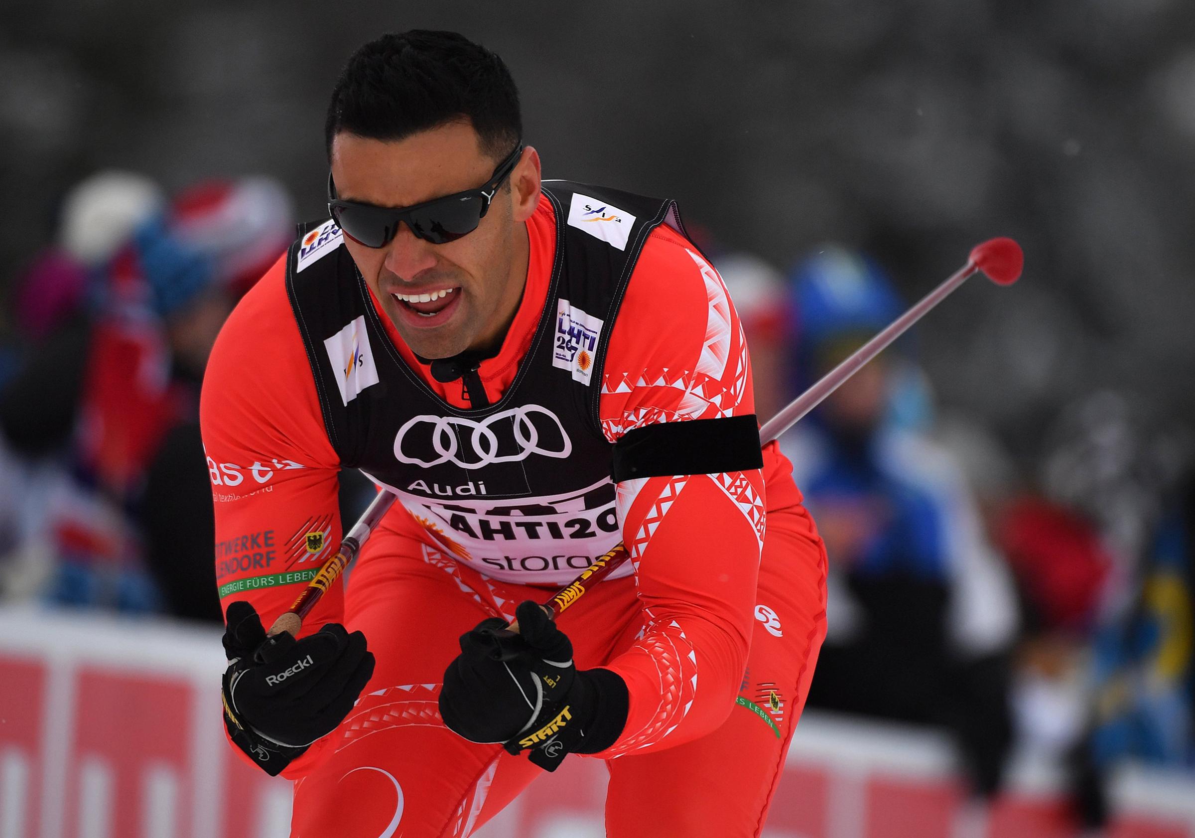 Tonga's Pita Taufatofua competes in the men's cross country sprint qualification at the 2017 Nordic Skiing World Championships in Lahti, Finland.