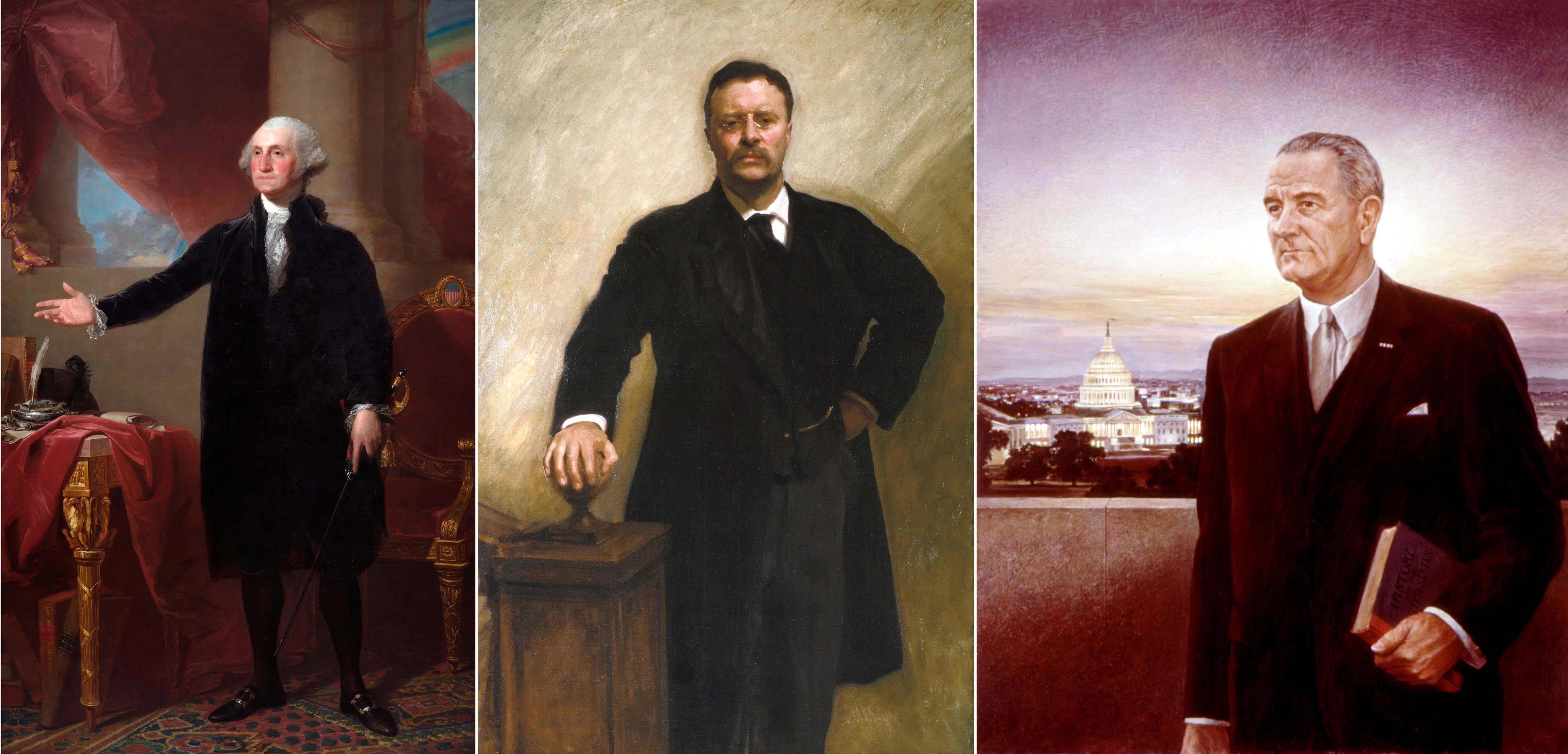 L-R: George Washington (The Lansdowne Portrait) by Gilbert Stuart; President Theodore Roosevelt by John Singer Sargent; Portrait of Lyndon B. Johnson by Peter Hurd (L-R: Corbis Historical/Getty Images; Corbis Historical/Getty Images; Universal Images Group Editorial/Getty Images)