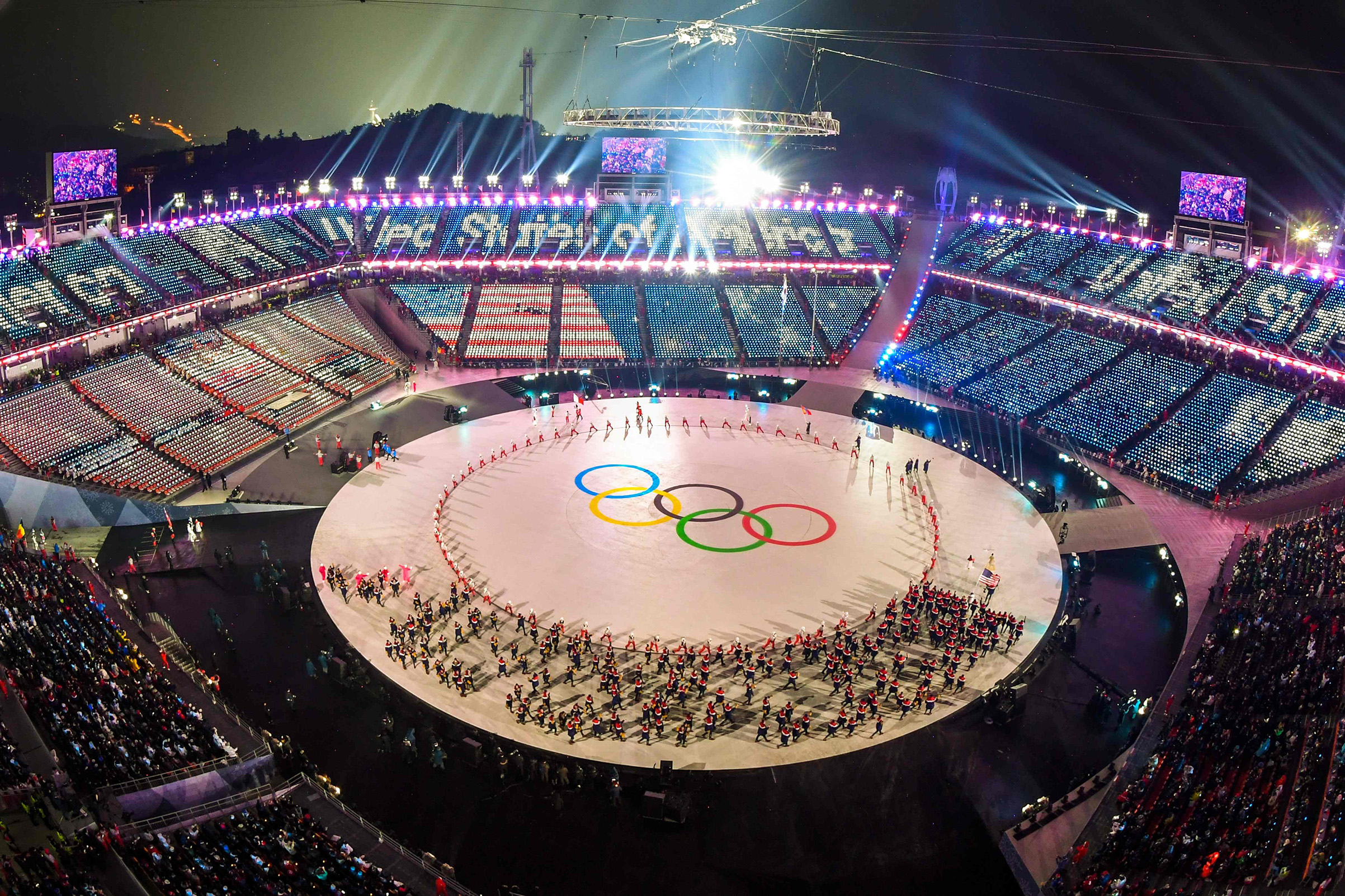 View of the Olympic rings during the opening ceremony of the Pyeongchang 2018 Winter Olympic Games.