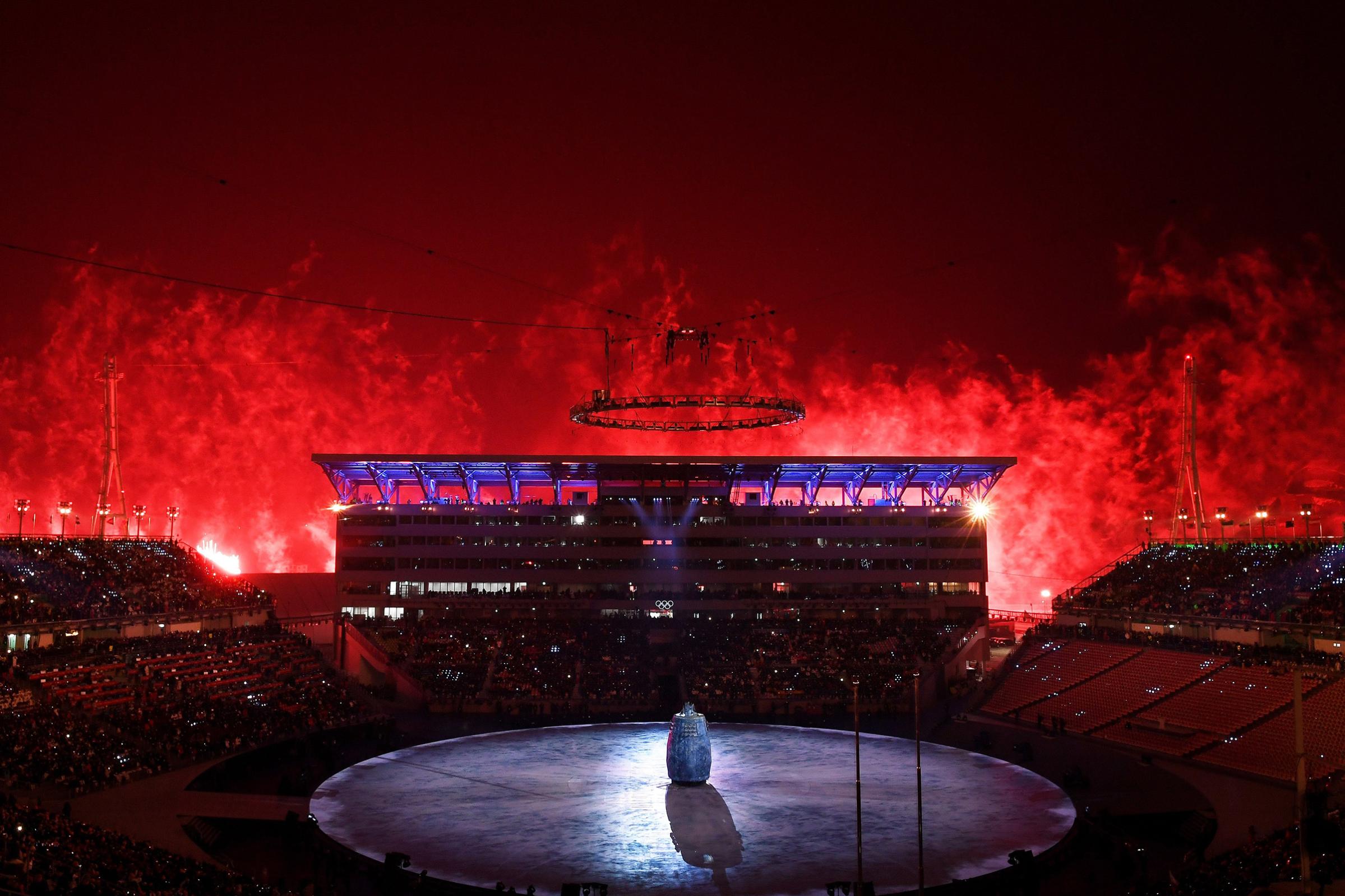 Fireworks erupt during the Opening Ceremony of the PyeongChang 2018 Winter Olympic Games.