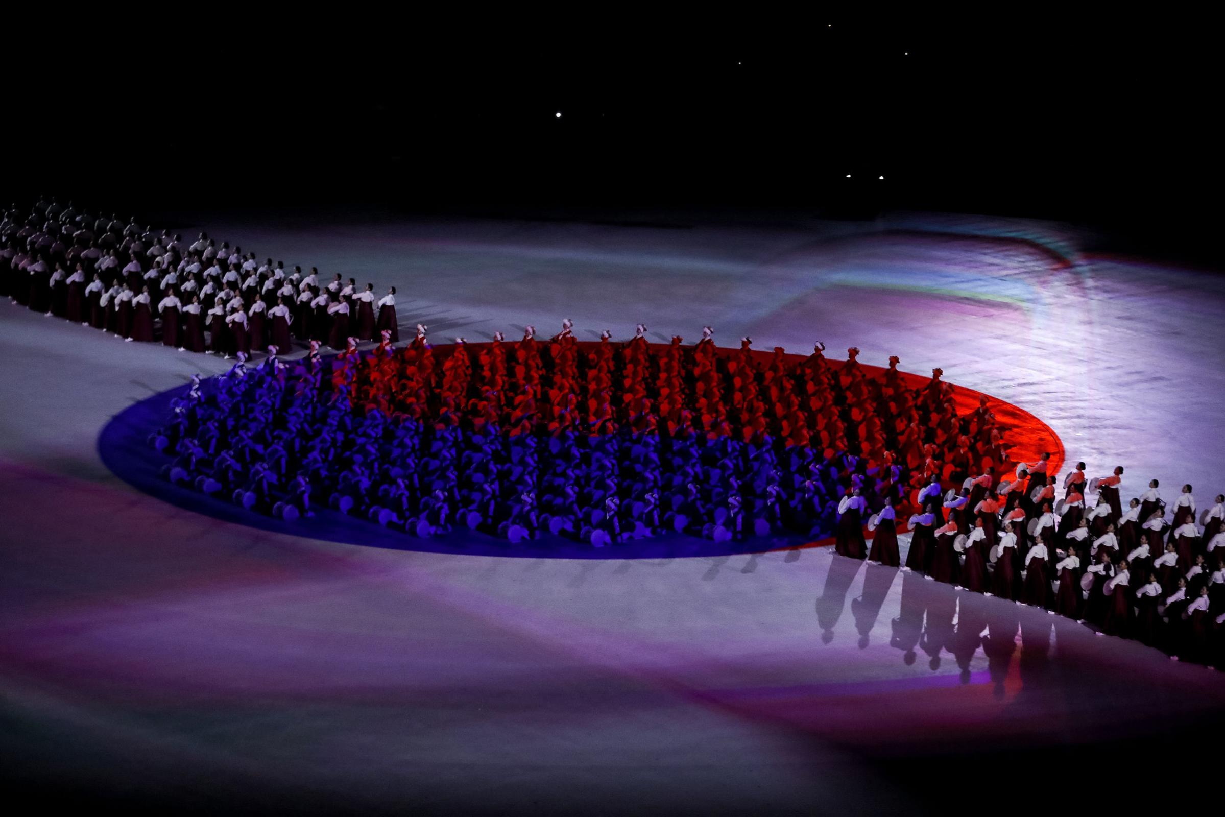 Participants form the South Korean flag during the opening ceremony of the Pyeongchang 2018 Winter Olympic Games.