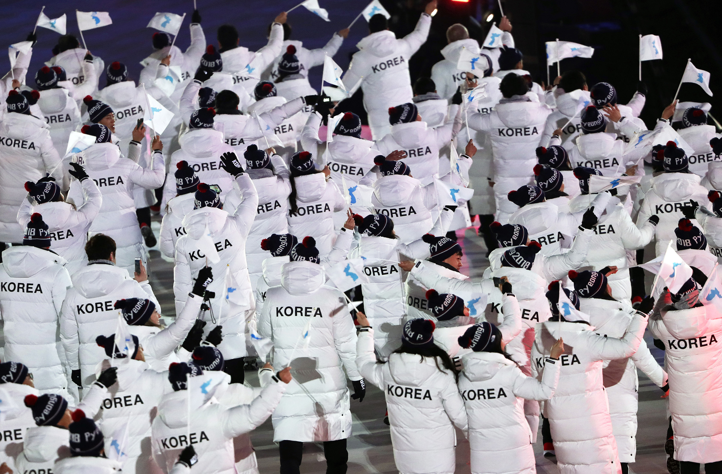 Delegations from North Korea and South Korea march under the Korean unification flag during the Parade of Nations at the opening ceremony of the PyeongChang 2018 Winter Olympic Games.