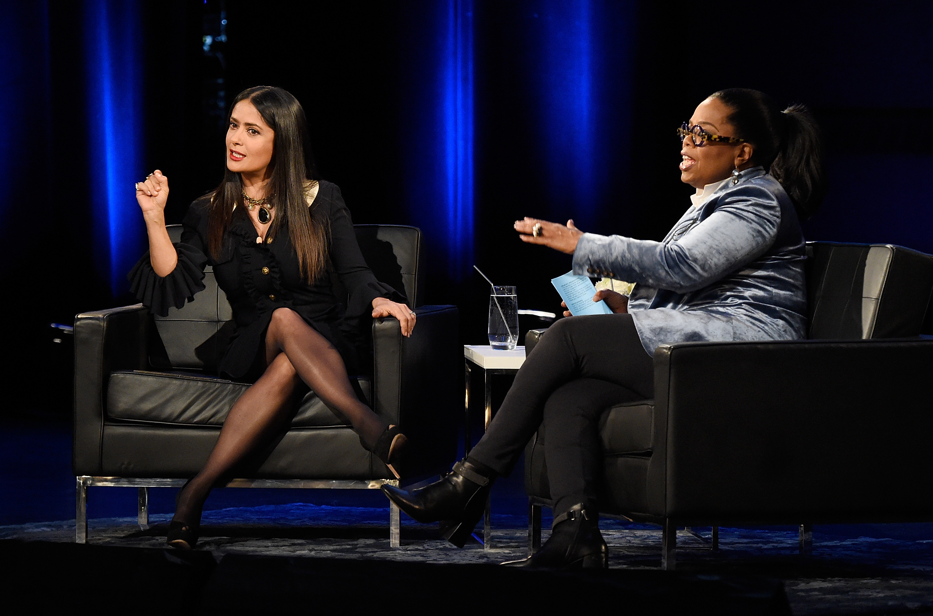 Salma Hayek Pinault and Oprah speak onstage during "Oprah's Super Soul Conversations" at The Apollo Theater on February 7, 2018 in New York City (Kevin Mazur&mdash;Getty Images)