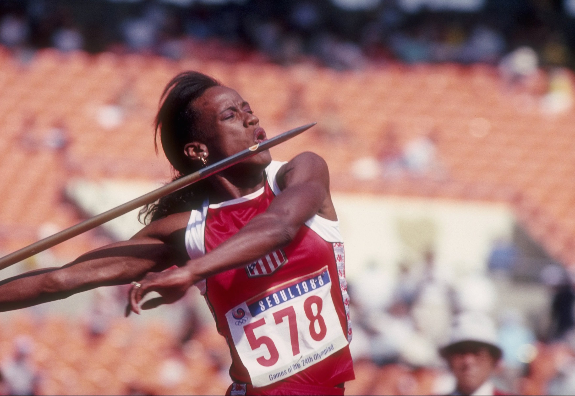 Jackie Joyner-Kersee of the United States is ready to throw the javelin during the Olympic Games in Seoul, South Korea, in 1988. Tony Duffy—Getty Images (Tony Duffy—Getty Images)