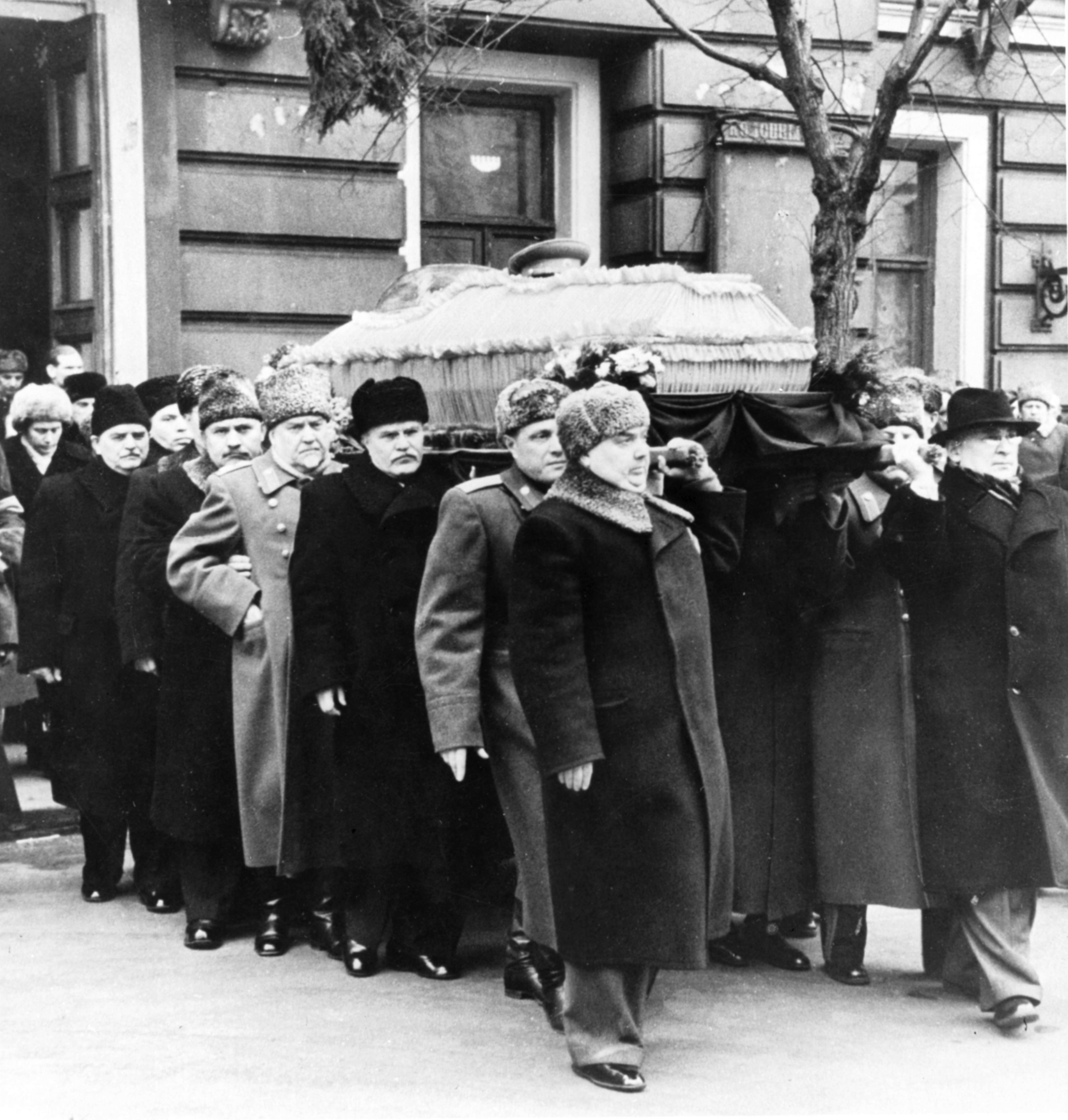 Stalin's coffin is  carried in Moscow, on March 9, 1953. Right to left: L.P. Beria (far right), Premier G.M. Malenkov, General Vassily Stalin, V.M. Molotov, Marshal N. Bulganin, L. Kaganovich, N. Shvernik. (Sovfoto/UIG / Getty Images)