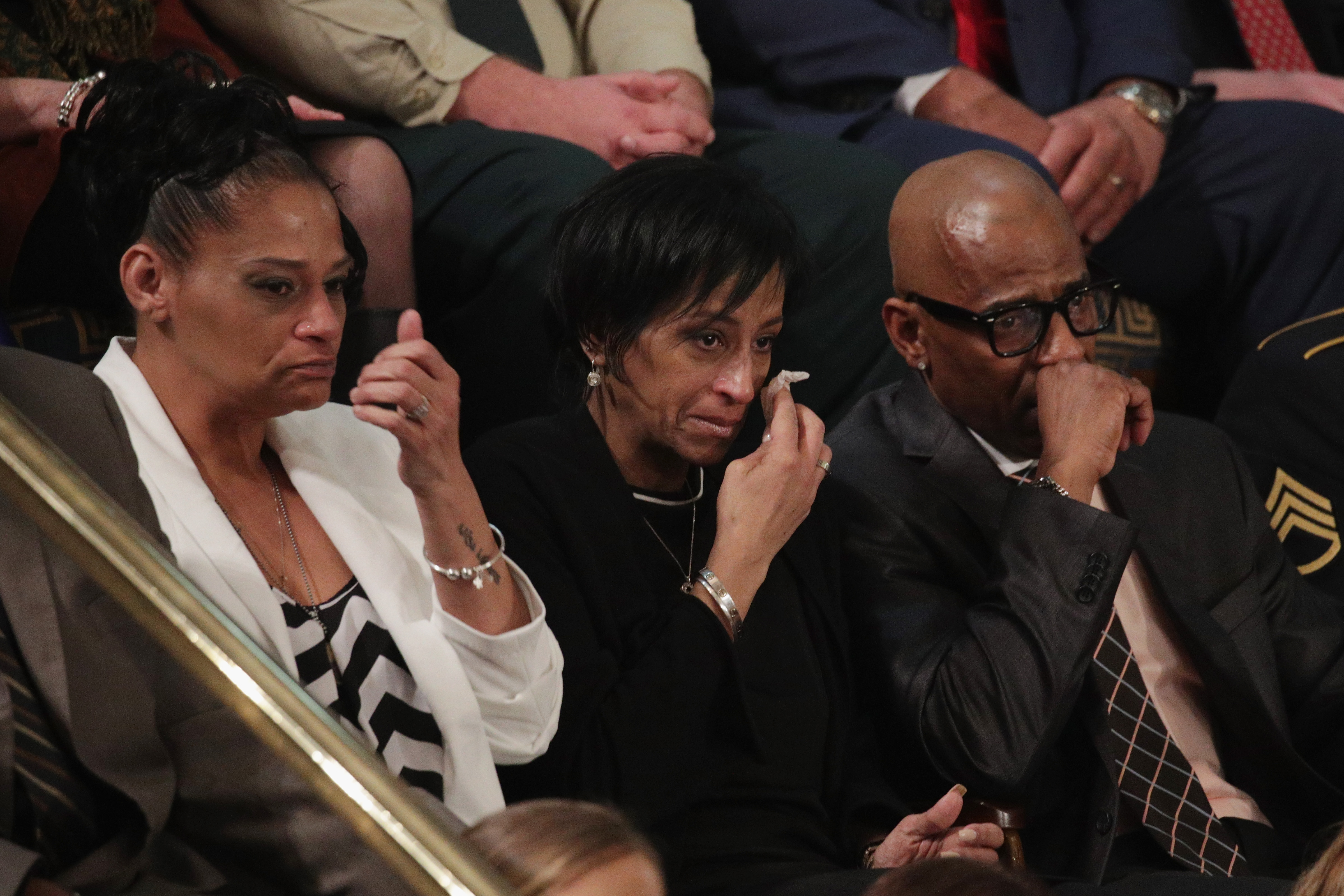 Elzabeth Alvarado, Evelyn Rodriguez and Freddy Cuevas, parents of children who were murdered by MS-13 watch as U.S. President Donald J. Trump delivers the State of the Union address in the chamber of the U.S. House of Representatives January 30, 2018 in Washington, DC. (Alex Wong&mdash;Getty Images)