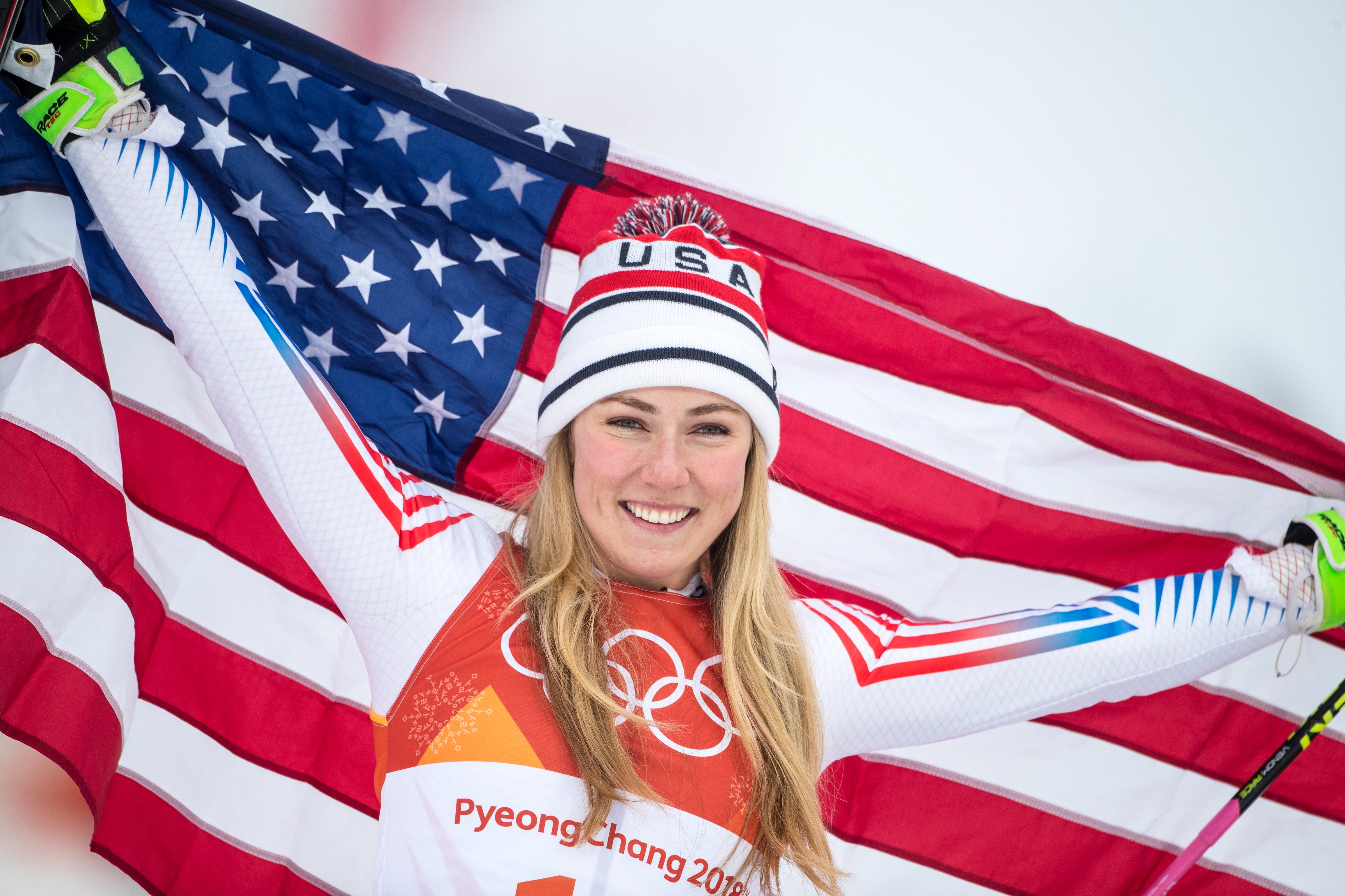Silver medalist Mikaela Shiffrin #19 of the United States at the presentations after the Alpine Skiing - Ladies' Alpine Combined Slalom at Jeongseon Alpine Centre on February 22, 2018 in PyeongChang, South Korea. (Tim Clayton - Corbis—Corbis/Getty Images)