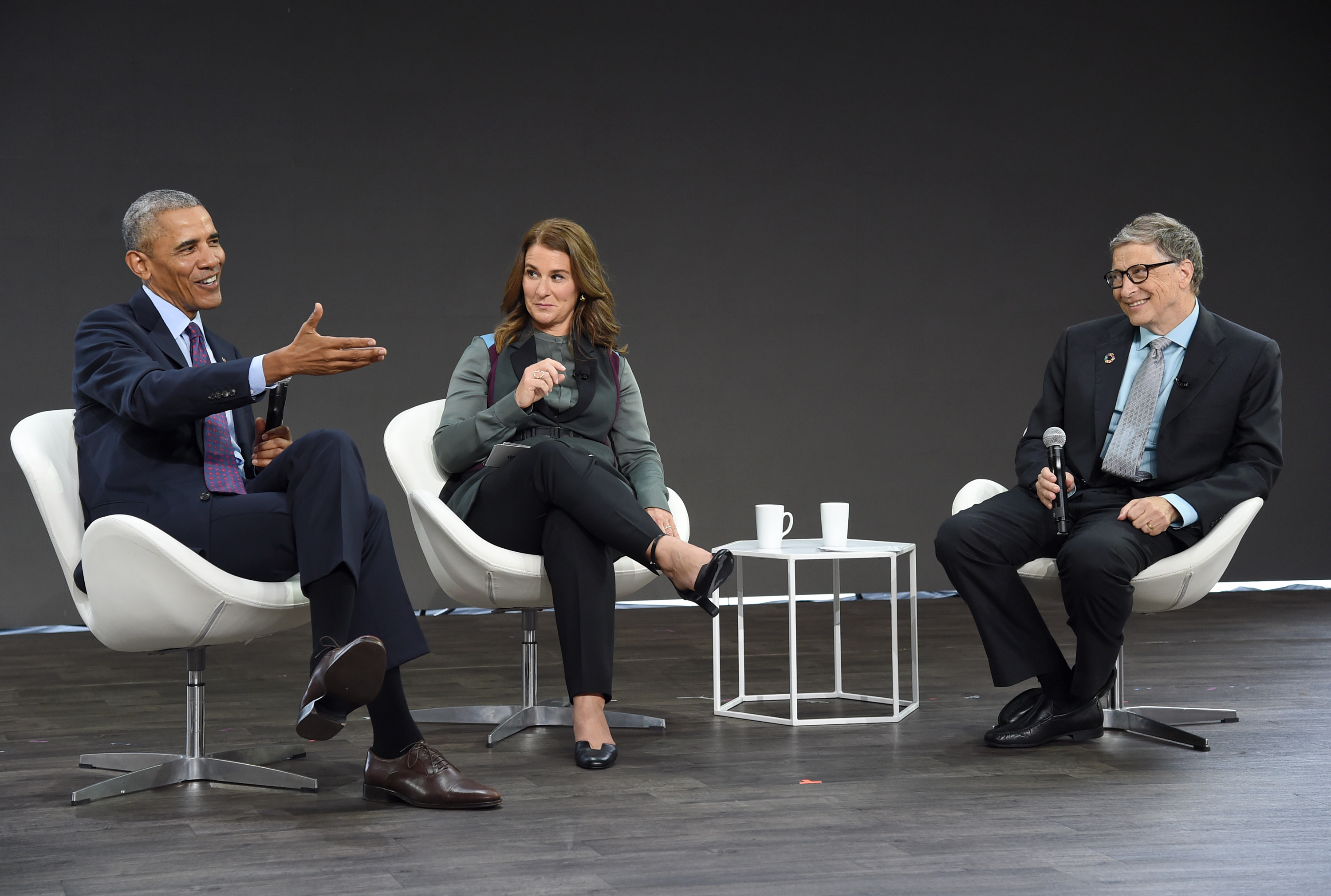 President Barack Obama, Melinda Gates and Bill Gates speak at Goalkeepers 2017, at Jazz at Lincoln Center on September 20, 2017 in New York City.  Goalkeepers is organized by the Bill &amp; Melinda Gates Foundation to highlight progress against global poverty and disease, showcase solutions to help advance the Sustainable Development Goals (or Global Goals) and foster bold leadership to help accelerate the path to a more prosperous, healthy and just future. (Jamie McCarthy—Getty Images for Bill &amp; Melinda Gates Foundation)