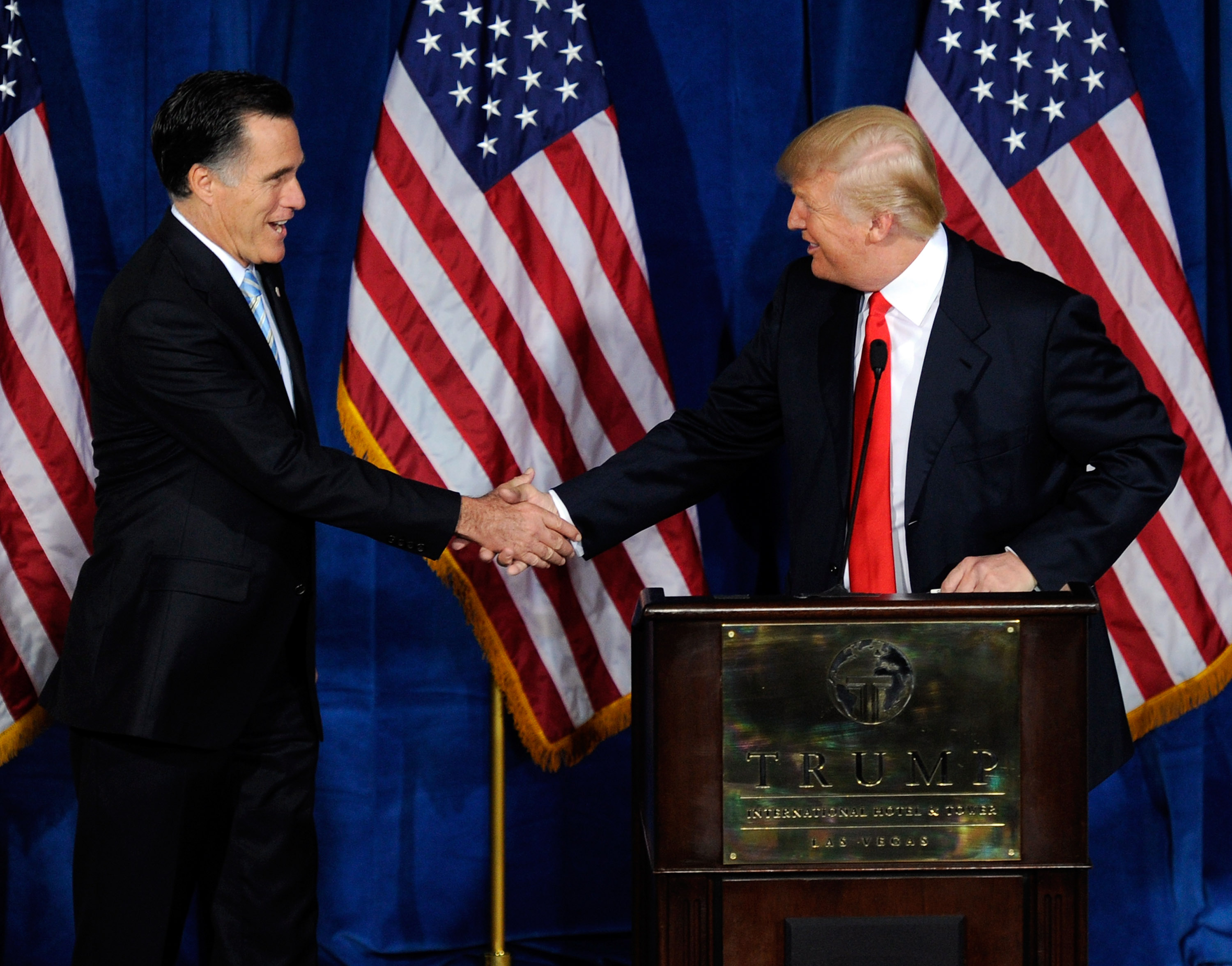 Republican presidential candidate, former Massachusetts Gov. Mitt Romney (L) and Donald Trump shake hands during a news conference held by Trump to endorse Romney for president at the Trump International Hotel &amp; Tower Las Vegas February 2, 2012 in Las Vegas, Nevada. (Ethan Miller—Getty Images)