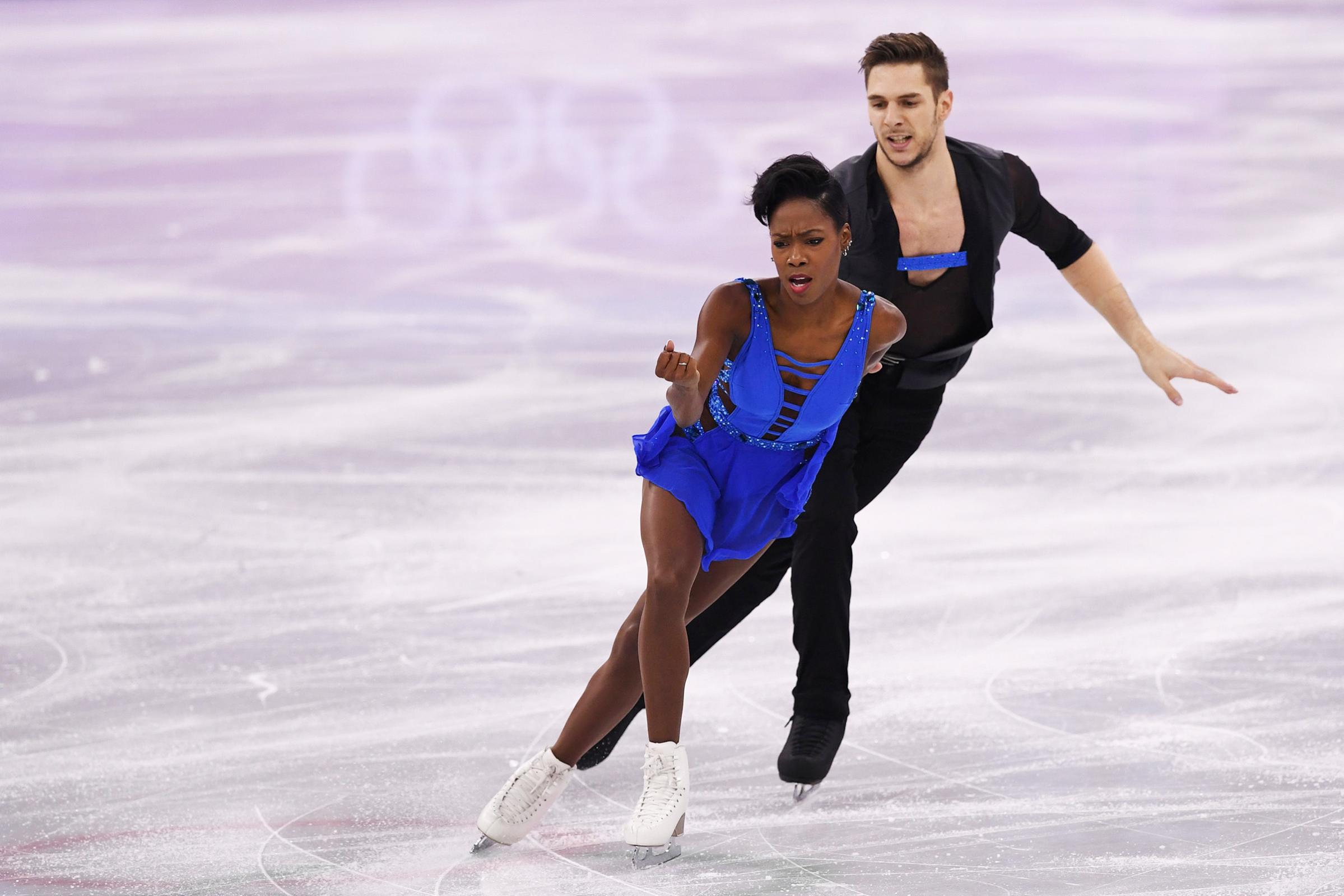 France's Vanessa James and Morgan Cipres compete in the pair skating short program of the figure skating event during the Pyeongchang 2018 Winter Olympic Games at the Gangneung Ice Arena in Gangneung on Feb. 14, 2018.