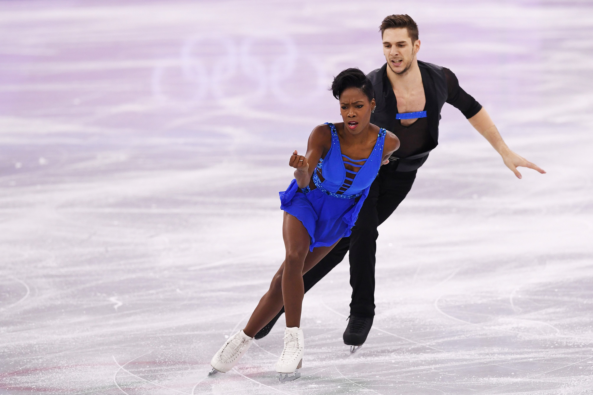 France's Vanessa James and Morgan Cipres compete in the pair skating short program of the figure skating event during the Pyeongchang 2018 Winter Olympic Games at the Gangneung Ice Arena in Gangneung on Feb. 14, 2018. (Jung Yeon-je—AFP/Getty Images)