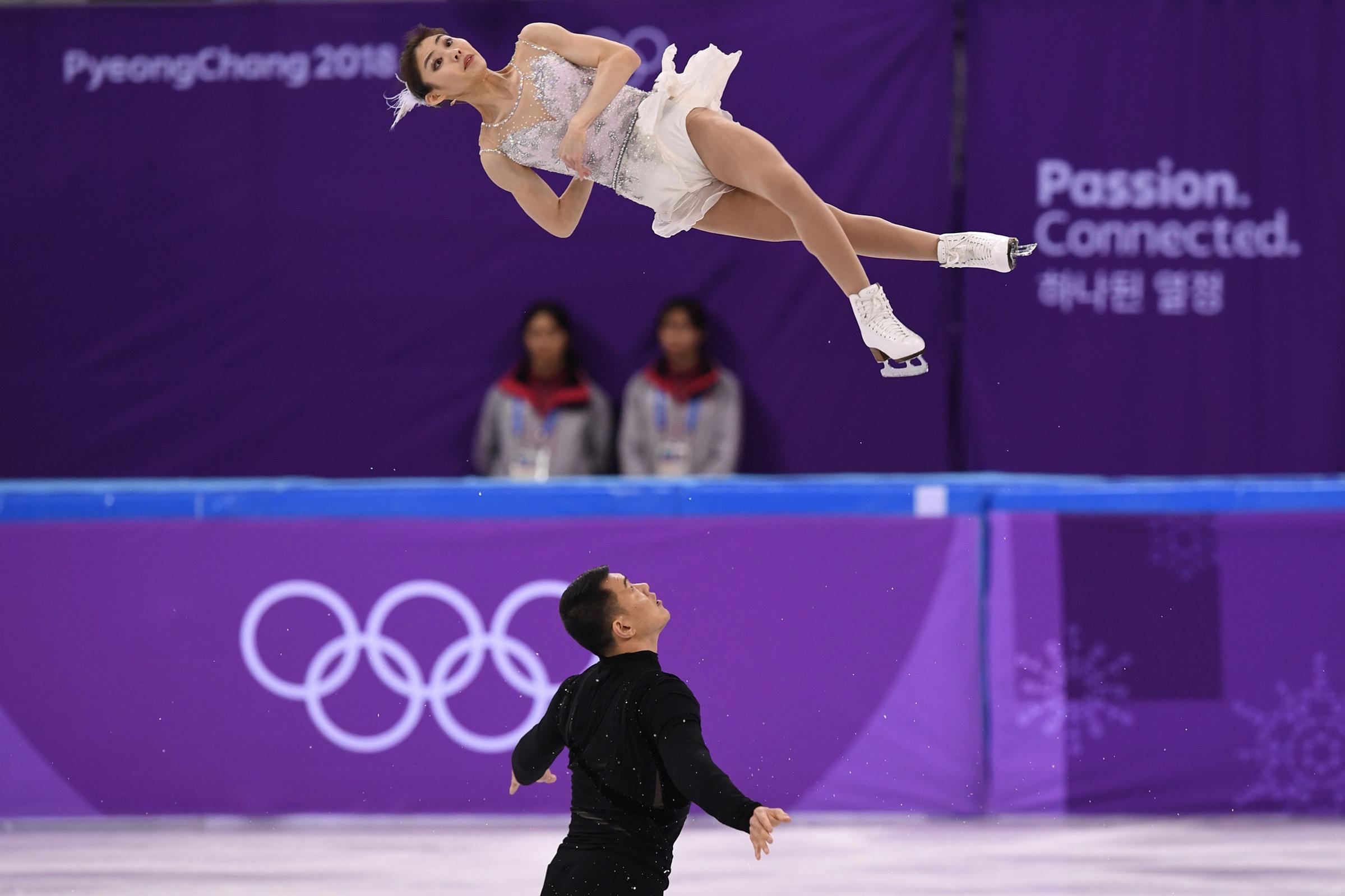 China's Yu Xiaoyu and Zhang Hao compete in the pair skating short program of the figure skating event during the Pyeongchang 2018 Winter Olympic Games at the Gangneung Ice Arena in Gangneung on Feb. 14, 2018.