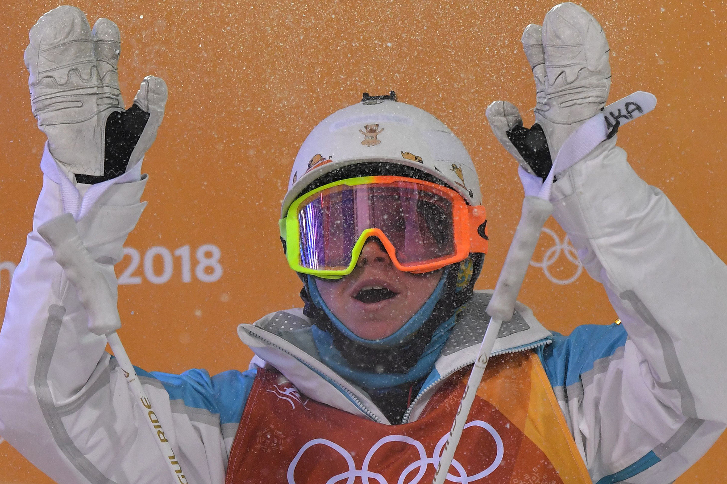 Kazakhstan's Yulia Galysheva reacts after the women's moguls final event during the Pyeongchang 2018 Winter Olympic Games on Feb. 11, 2018. (Loic Venance—AFP/Getty Images:)