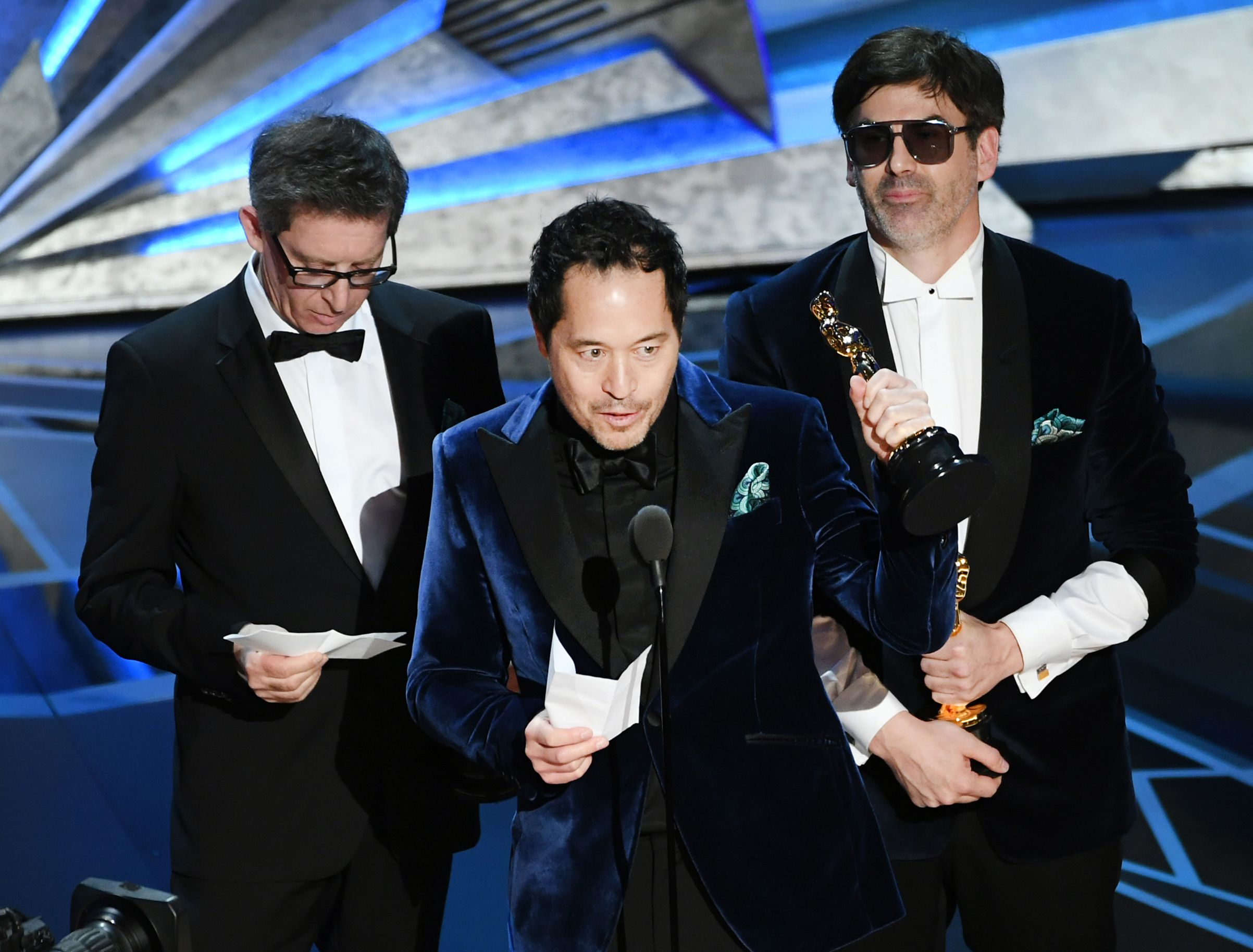 Production designers Jeff Melvin, Paul Denham Austerberry and Shane Vieau accept Best Production Design for 'The Shape of Water' onstage during the 90th Annual Academy Awards at the Dolby Theatre at Hollywood &amp; Highland Center on March 4, 2018 in Hollywood. (Kevin Winter—Getty Images)