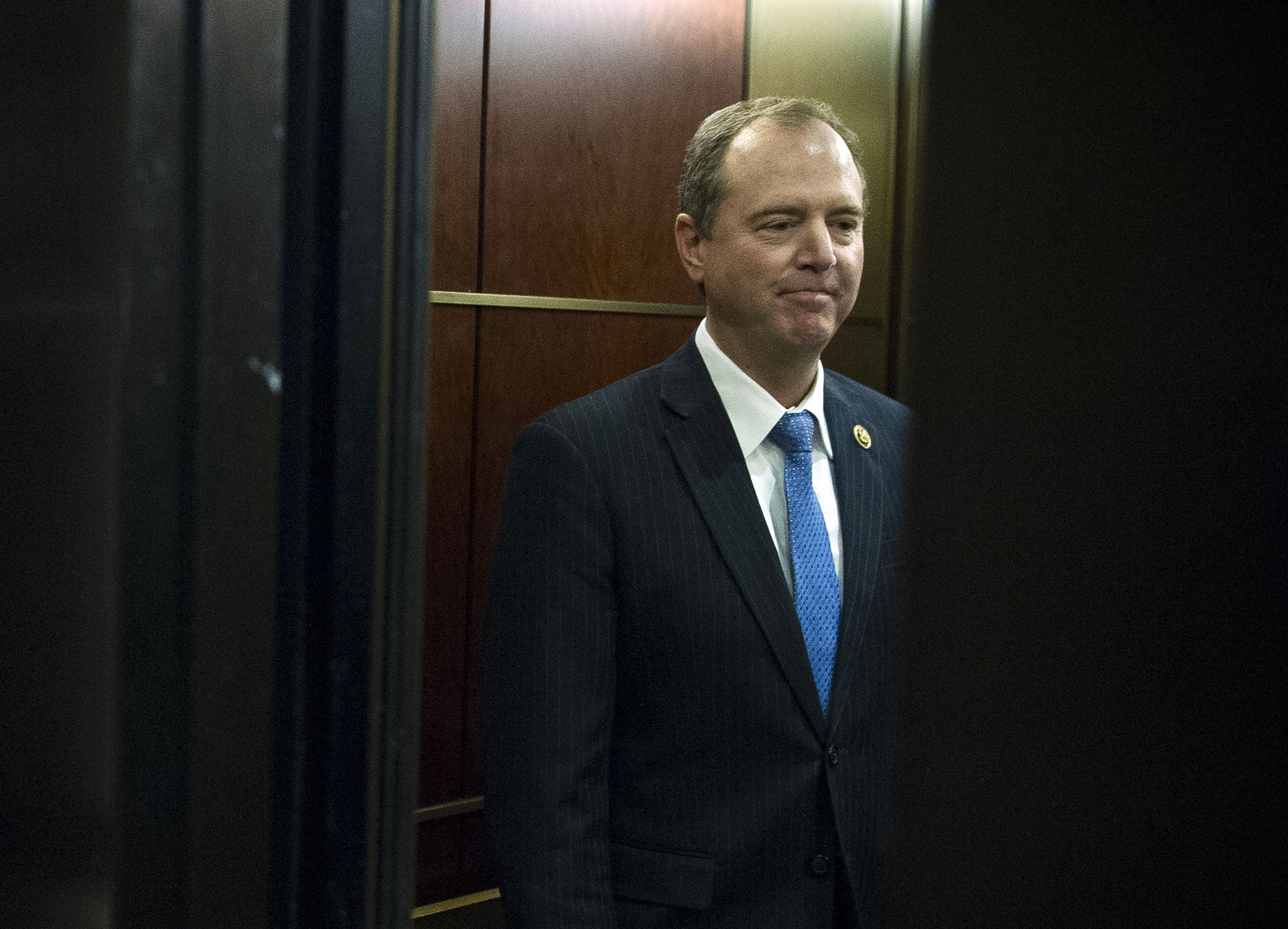 Rep. Adam Schiff, D-Calif., ranking member on the House Intelligence Committee, waits for elevator doors to close during a break in the committee's questioning of White House communications director Hope Hicks as part of its ongoing investigation into meddling in the U.S. elections by Russia, at the Capitol in Washington (Cliff Owen—AP/Shutterstock)