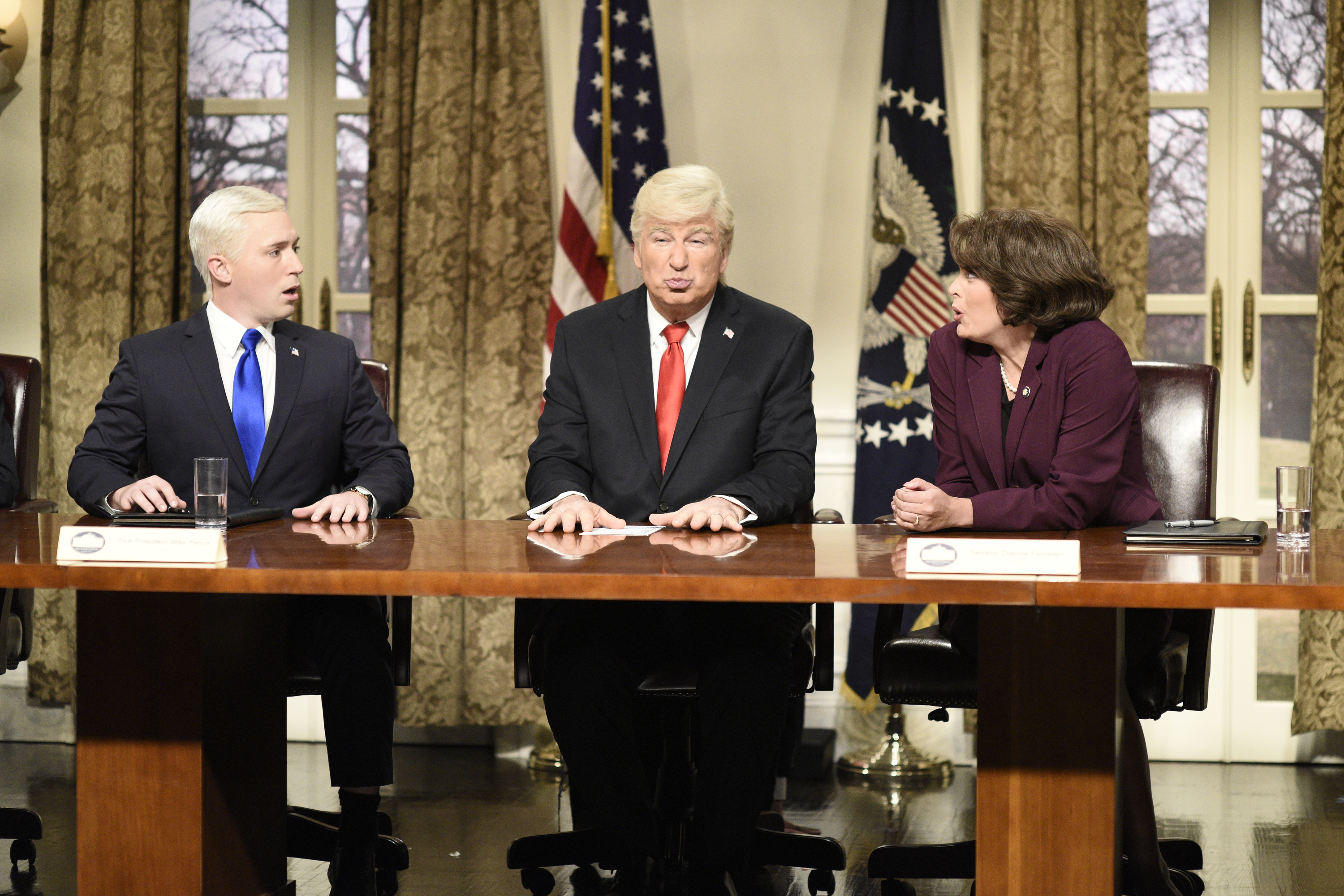 Beck Bennett as Vice President Mike Pence, Alec Baldwin as President Donald J. Trump, Cecily Strong as Senator Dianne Feinstein during the "Presidential Address Cold Open" in Studio 8H on Saturday, March 3, 2018 (Will Heath -
                       NBC/NBCU Photo Bank via Getty Images)