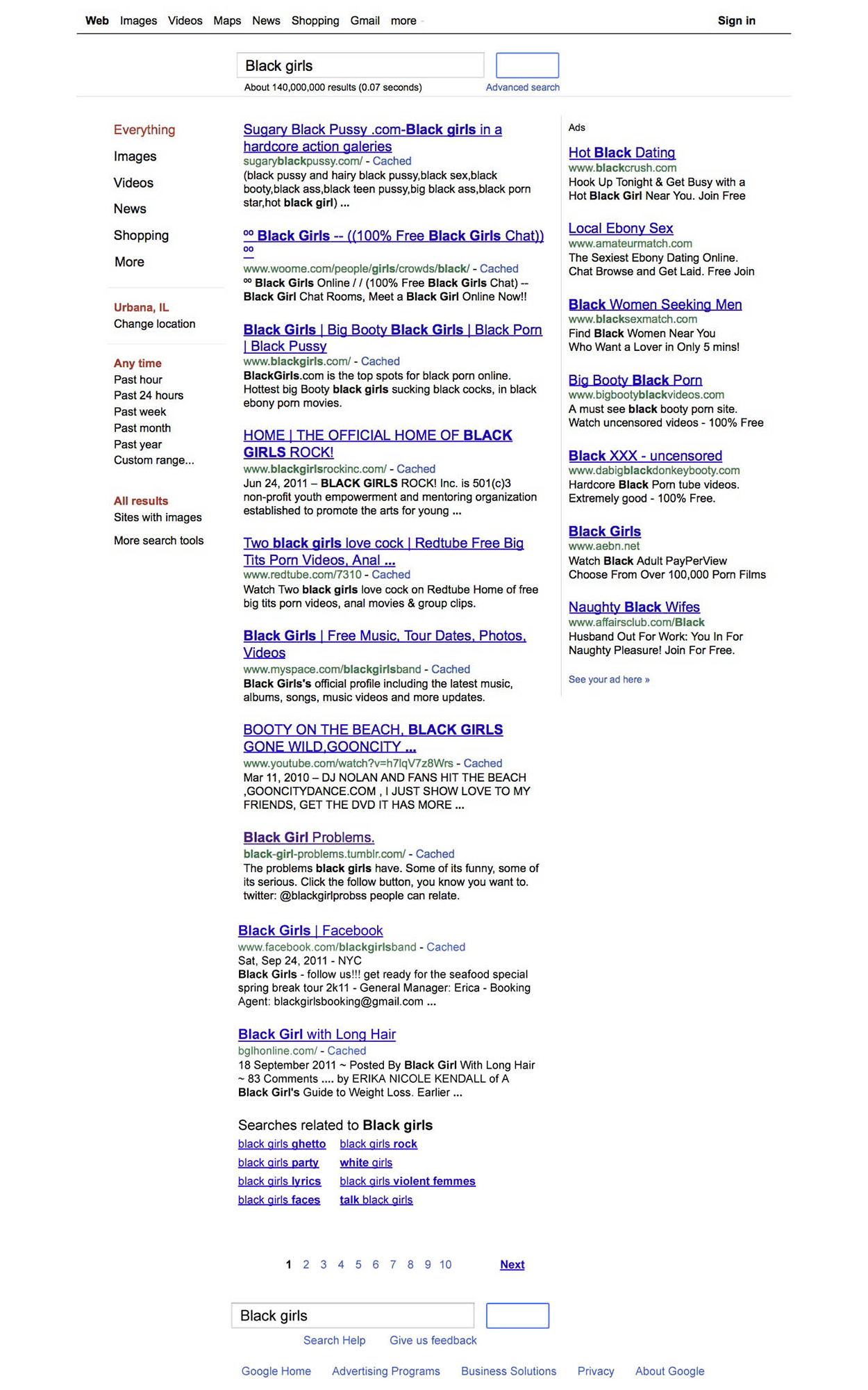 First page of search results on keywords “black girls,” September 18, 2011. (Courtesy Safiya Noble)