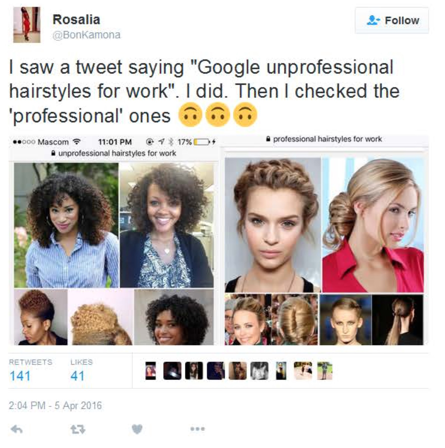 Tweet about Google searches on “unprofessional hairstyles for work,” which all feature Black women, while “professional hairstyles for work” feature White women, April 7, 2016. (Courtesy Safiya Noble)