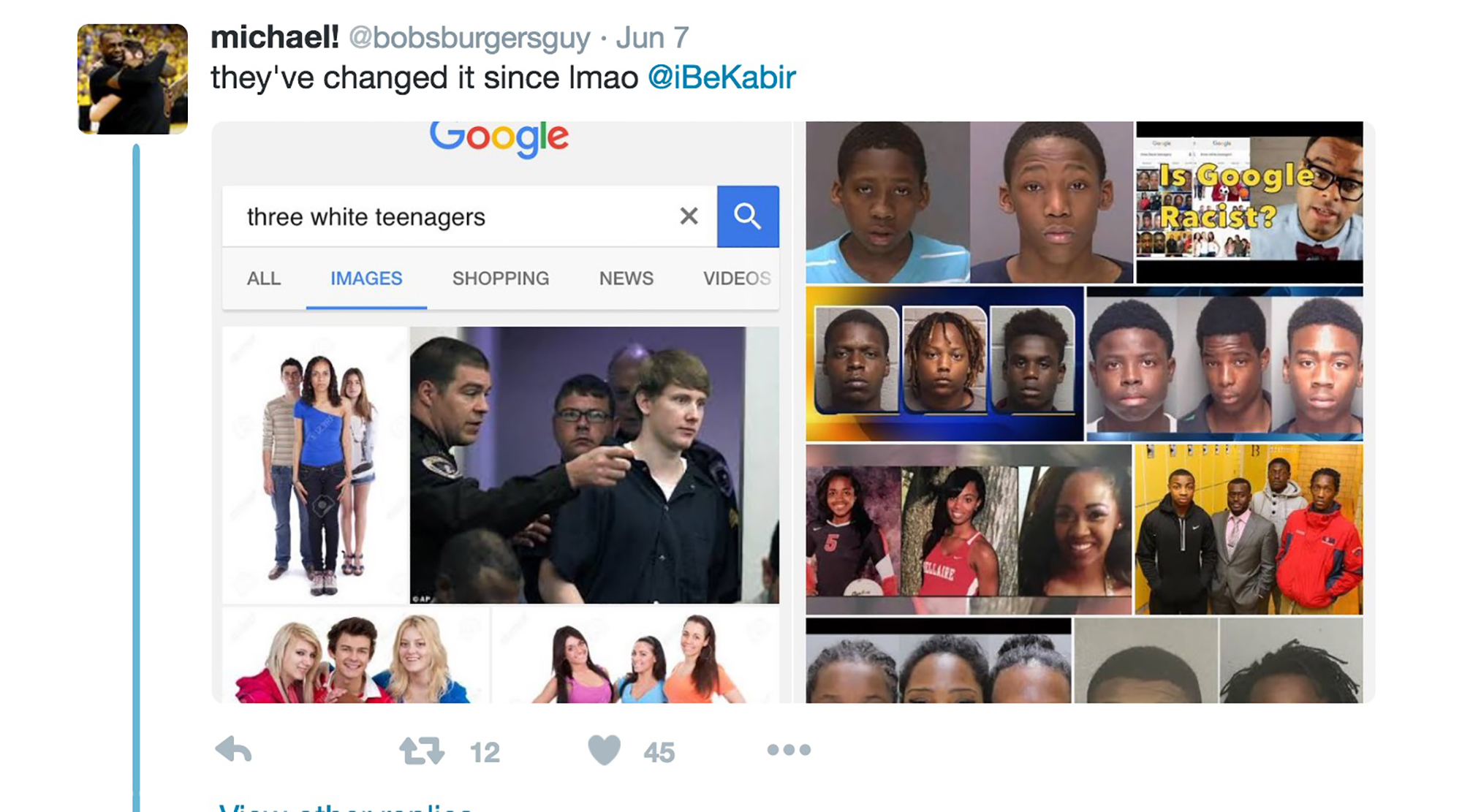Kabir Ali’s tweet about his searching for “three white teenagers” shows wholesome teens in stock photography. (Courtesy Safiya Noble)