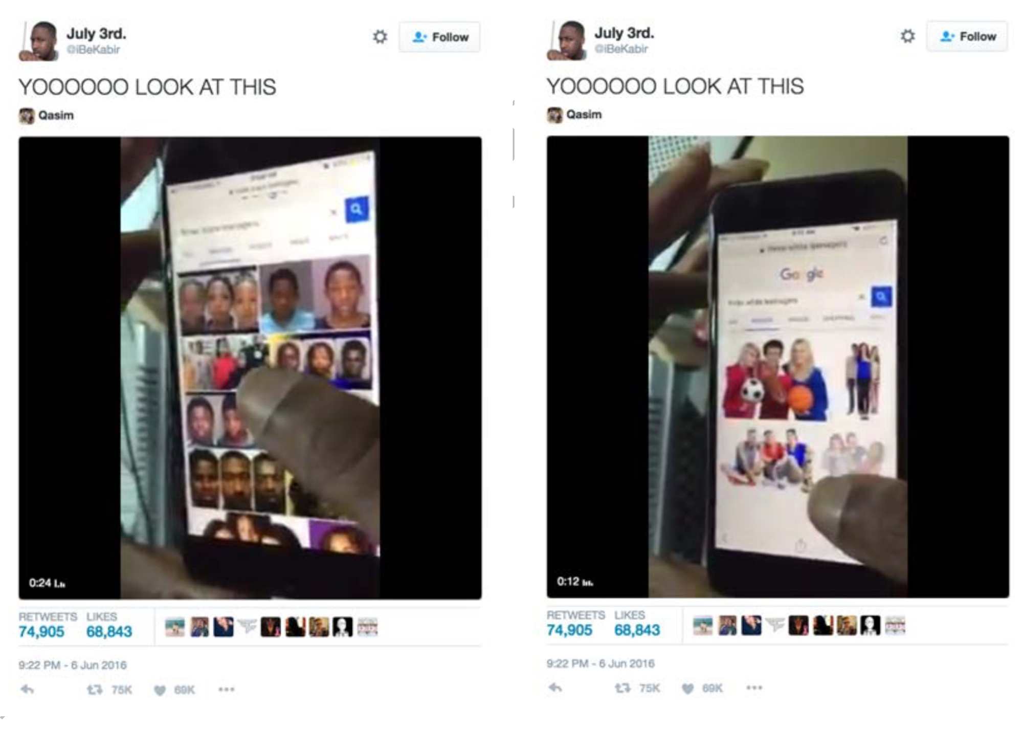 Kabir Ali’s tweet about his searching for “three black teenagers” shows mug shots.