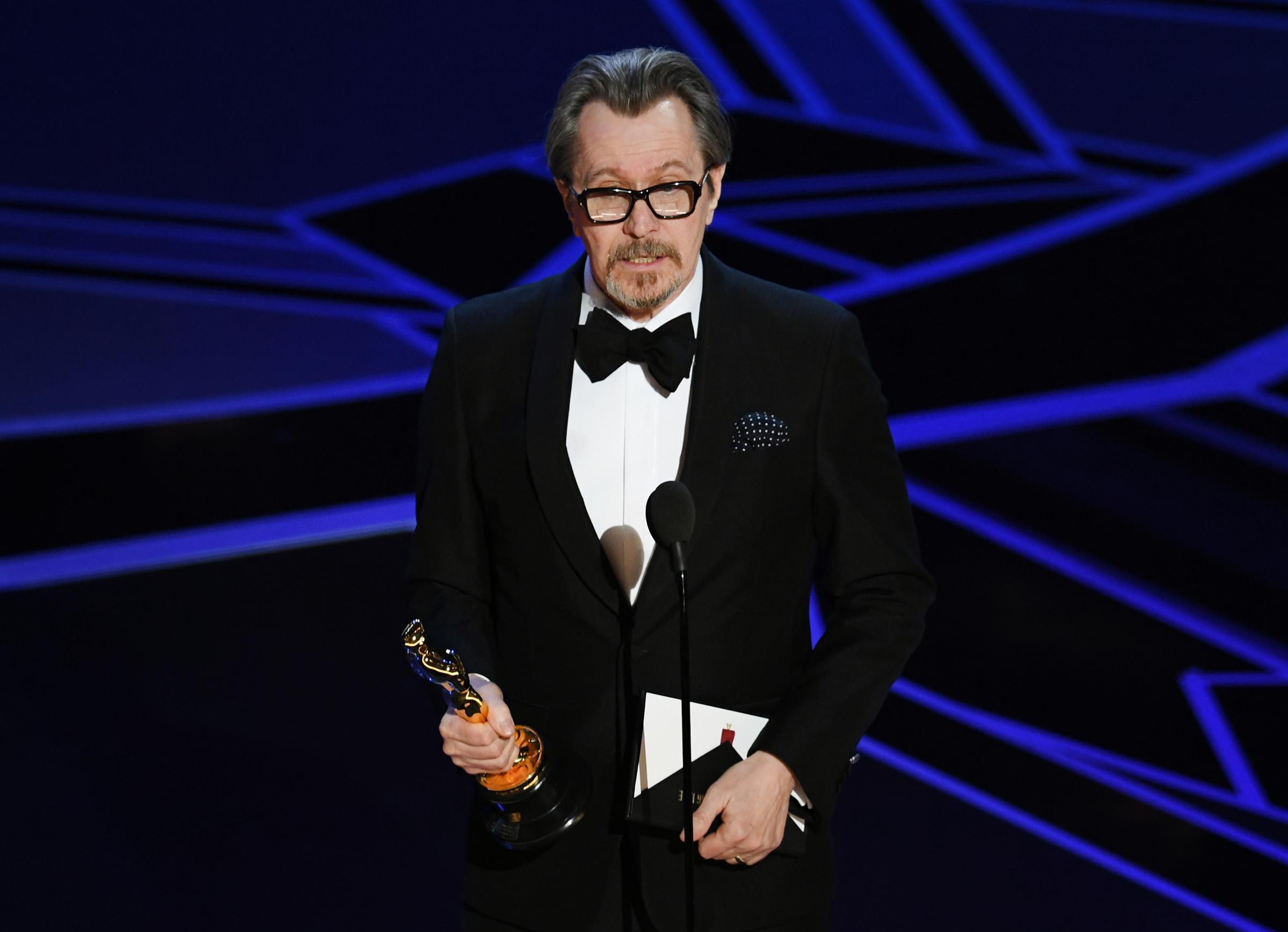 Actor Gary Oldman accepts Best Actor for 'Darkest Hour' onstage during the 90th Annual Academy Awards at the Dolby Theatre at Hollywood &amp; Highland Center on March 4, 2018 in Hollywood.
