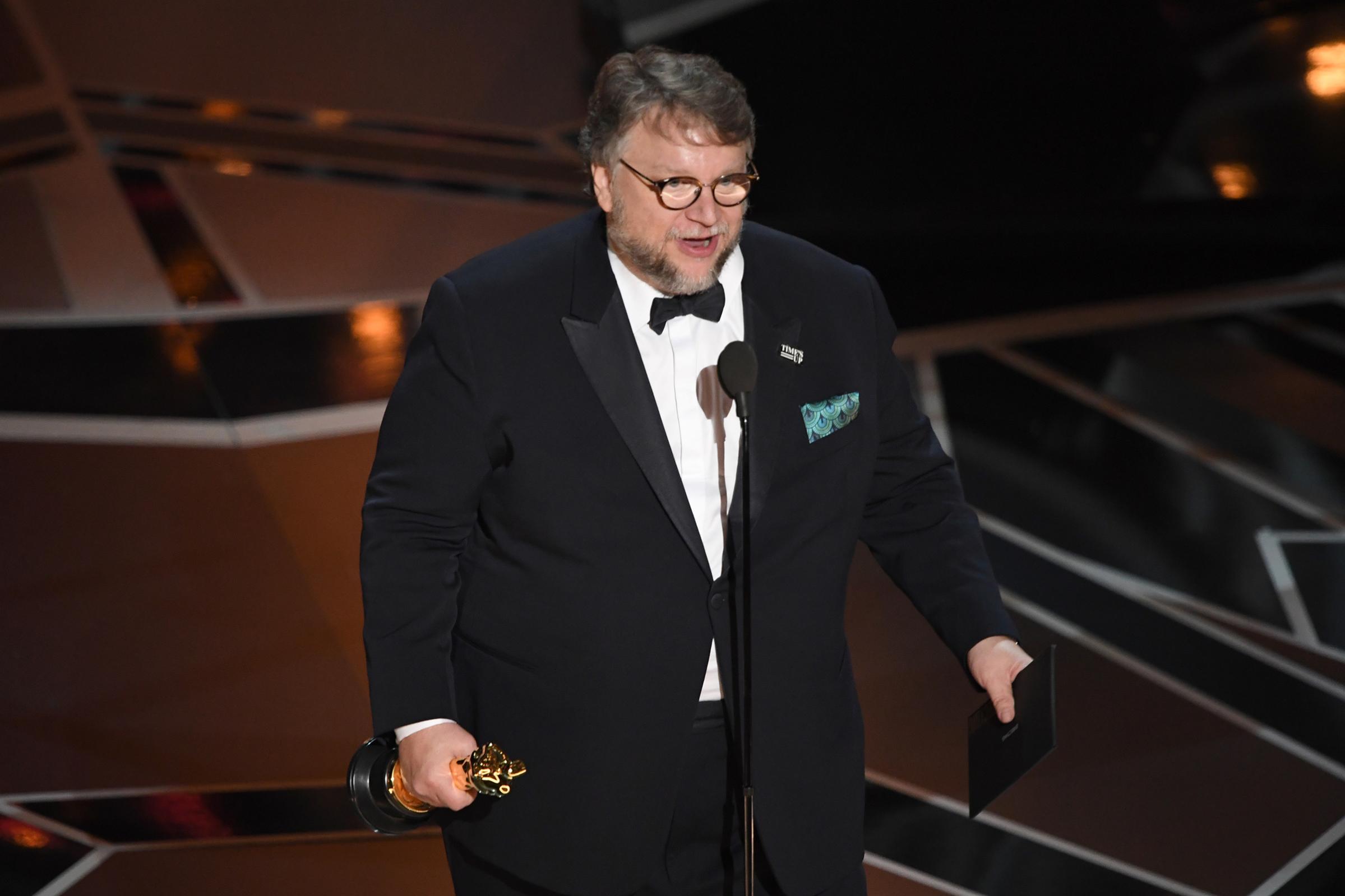 Director Guillermo del Toro delivers a speech after he won the Oscar for Best Director for "The Shape of Water" during the 90th Annual Academy Awards show on March 4, 2018 in Hollywood.
