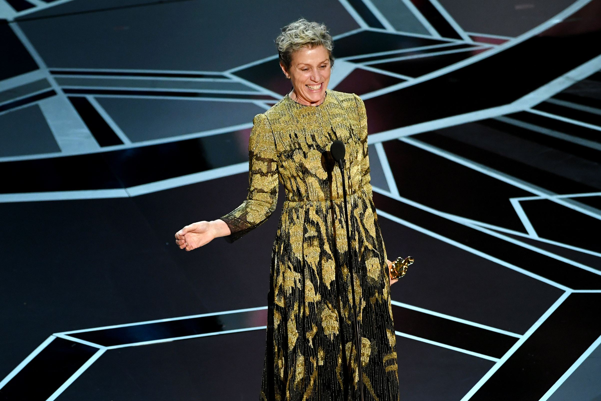 Actor Frances McDormand accepts Best Actress for 'Three Billboards Outside Ebbing, Missouri' onstage during the 90th Annual Academy Awards at the Dolby Theatre at Hollywood &amp; Highland Center on March 4, 2018 in Hollywood. (Kevin Winter—Getty Images)