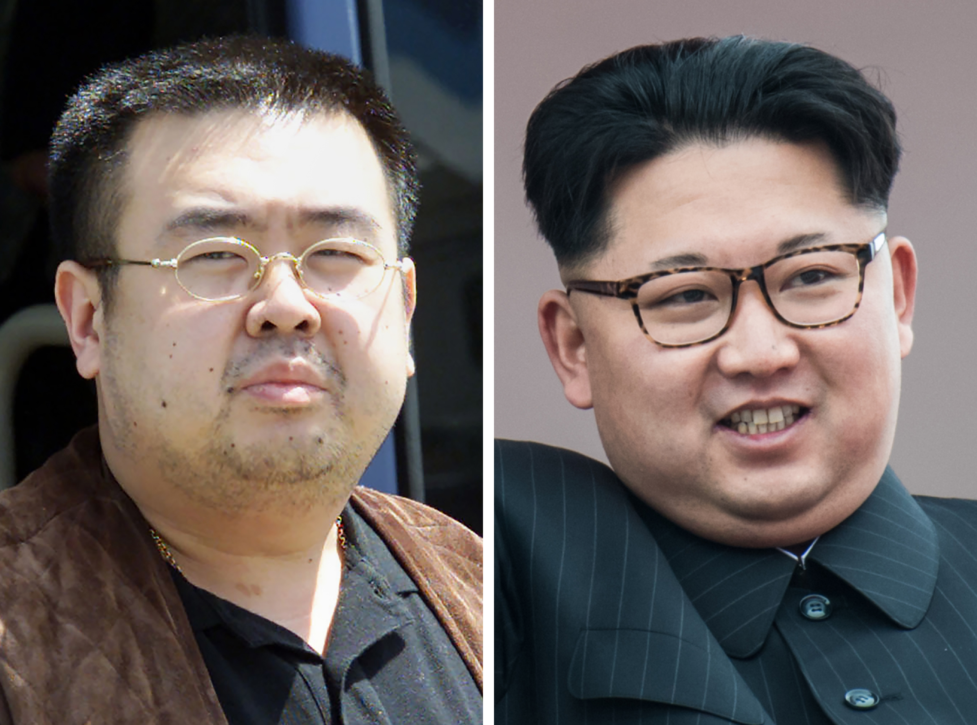 Kim Jong Nam is seen getting off a bus at Narita airport near Tokyo on May 4, 2001 and North Korean leader Kim Jong Un is seen during a parade in Pyongyang on May 10, 2016. (Toshifumi Kitamura—AFP/Getty Images)