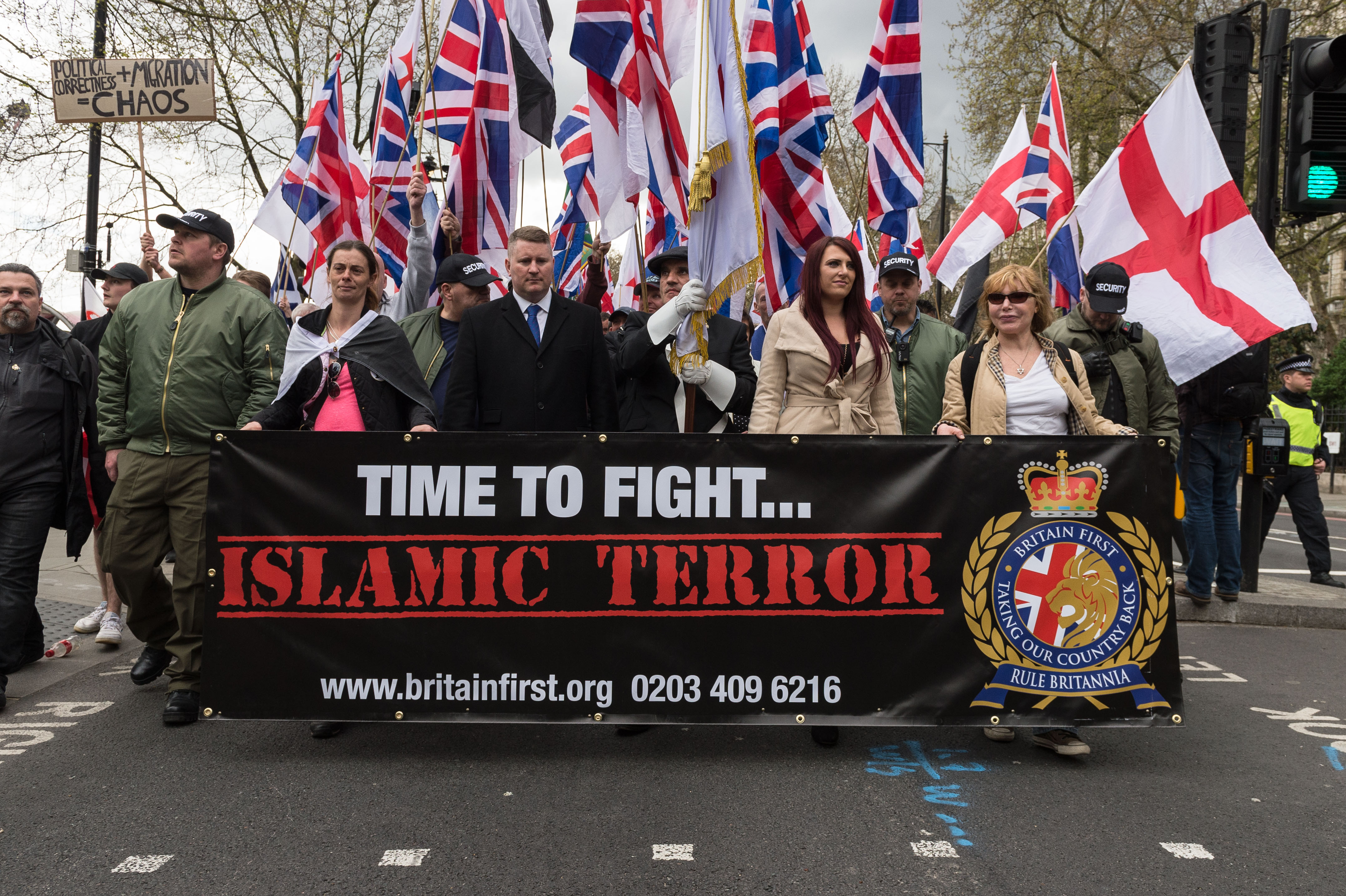 Britain First leaders Jayda Fransen (2R) and Paul Golding (3L) lead March Against Terrorism on April 01, 2017 in London, England. (Wiktor Szymanowicz— Barcroft Im—Barcroft Media via Getty Images)
