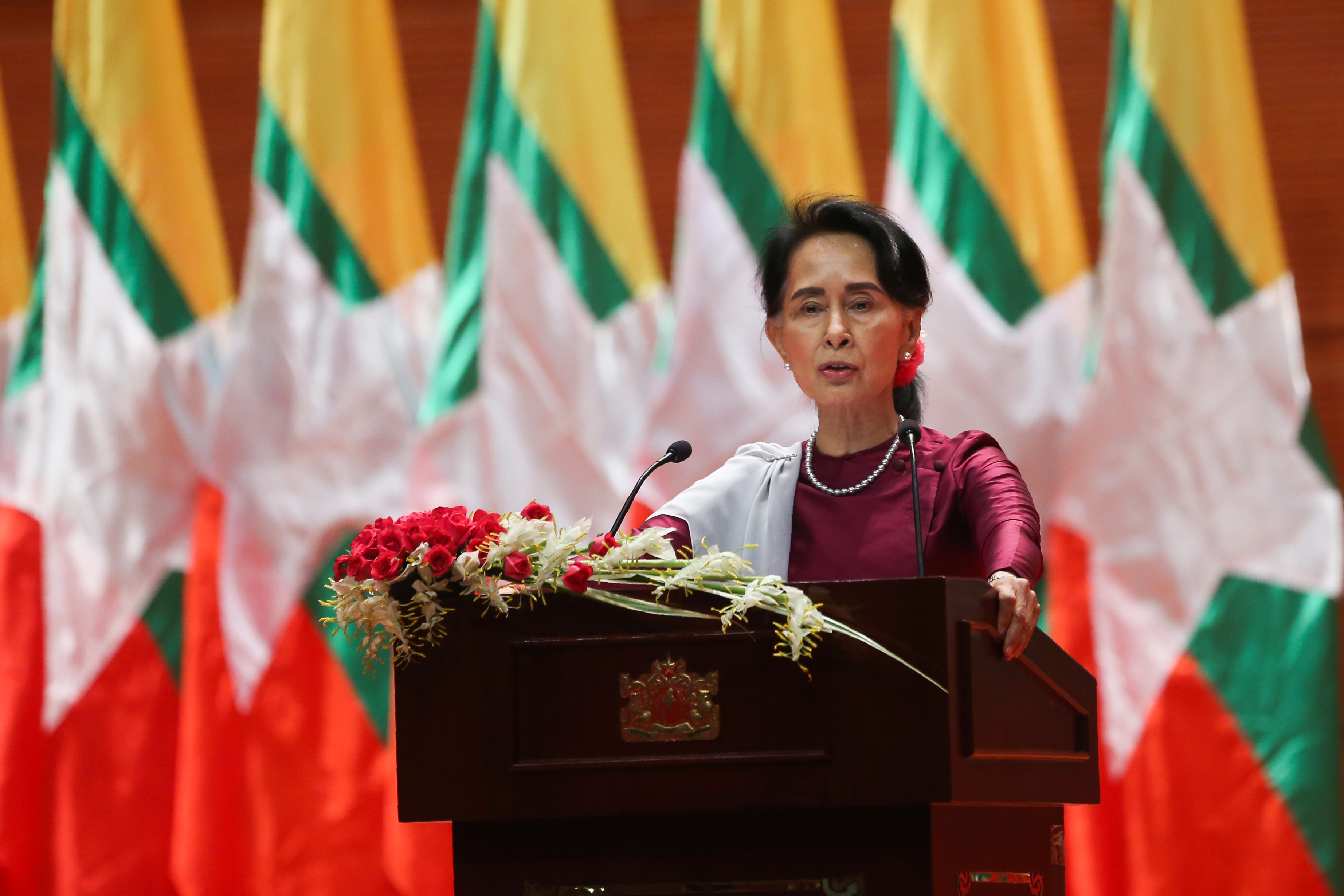 Myanmar's State Counsellor Aung San Suu Kyi delivers a national address in Nay Pyi Daw on Sept. 19, 2017. (Ye Aung Thu—AFP/Getty Images)