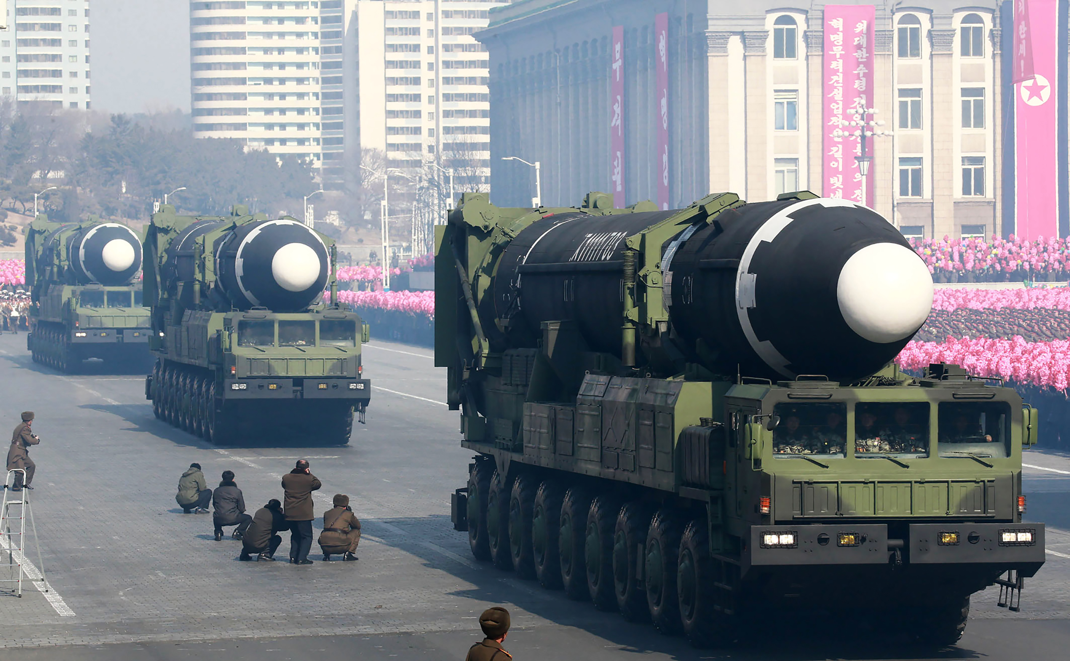 This photo taken on Feb. 8, 2018 and released on Feb.9, 2018 by North Korea's official Korean Central News Agency (KCNA) shows Hwasong-15 ballistic missile during the military parade to mark the 70th anniversary of the Korean People's Army in Pyongyang. (KCNA/KNS/AFP/Getty Images)