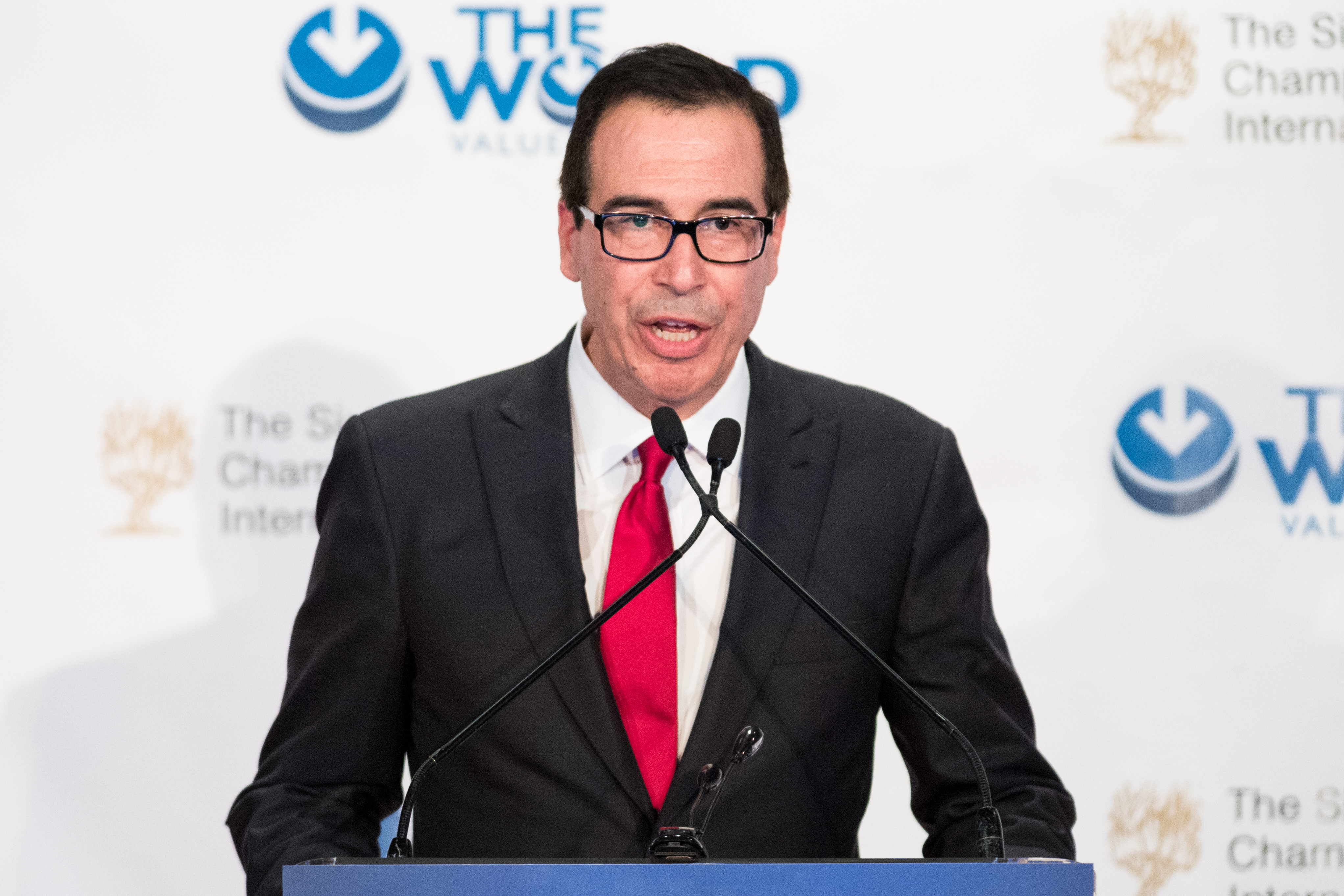 Steven Mnuchin, U.S. Secretary of the Treasury, speaking at the Champions of Jewish Values International Awards Gala in New York City. (SOPA Images—LightRocket via Getty Images)