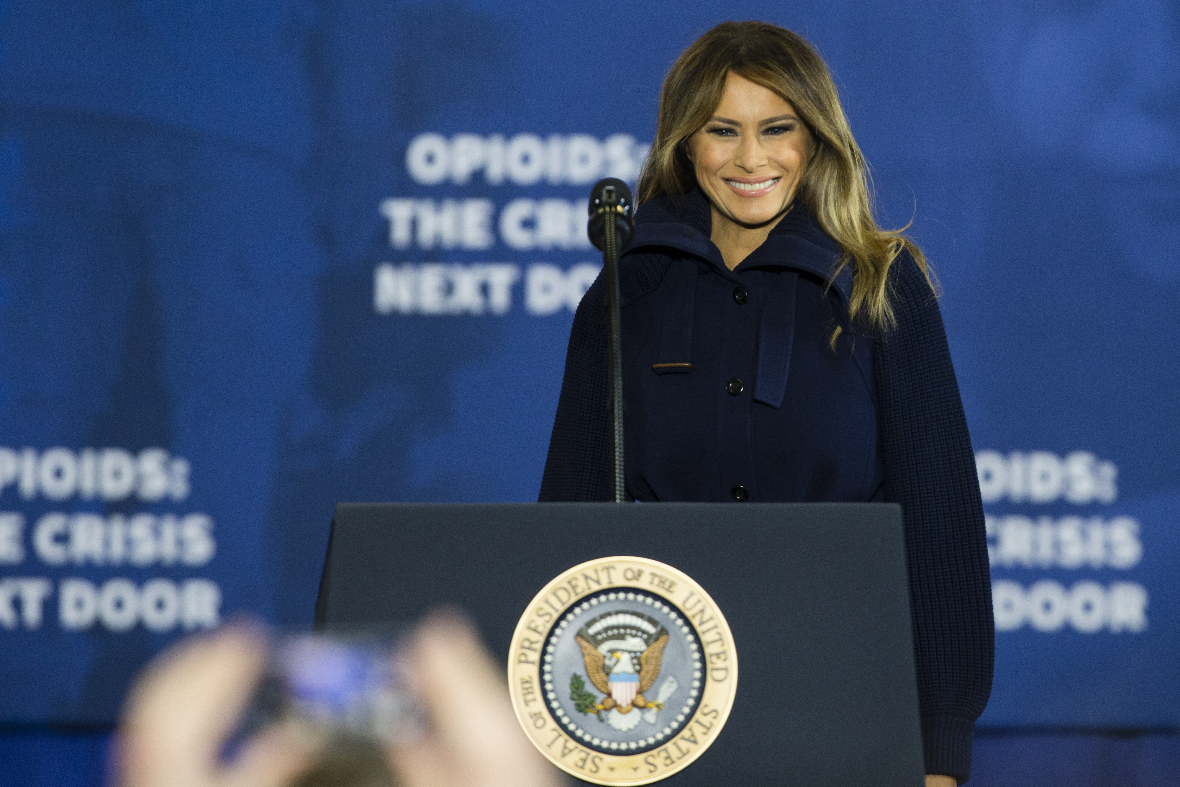First Lady Melania Trump introduces President Donald Trump for a speech on his administration's plans to combat the opioid crisis at Manchester Community College in Manchester, NH on March 19, 2018. (Keith Bedford—Boston Globe/Getty Images)