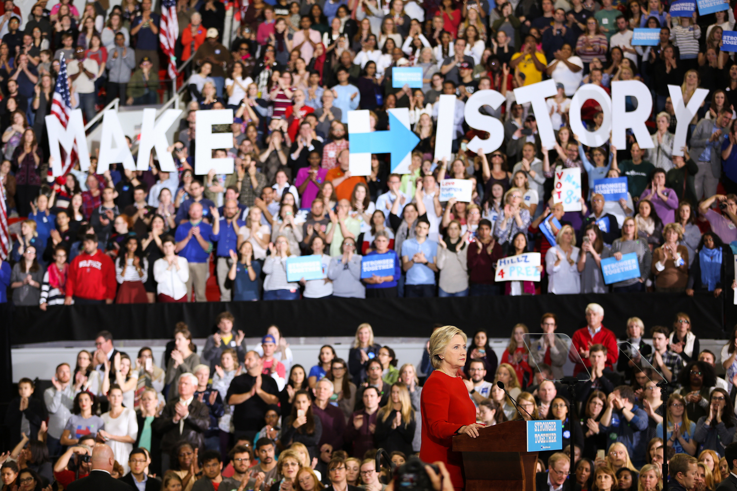 Hillary Clinton addresses the crowd of supporters inside the Reynolds Coliseum on the campus of North Carolina State University on the final campaign stop before election day, in Raleigh, N.C., on Nov. 7, 2016. (Logan Cyrus—AFP/Getty Images)